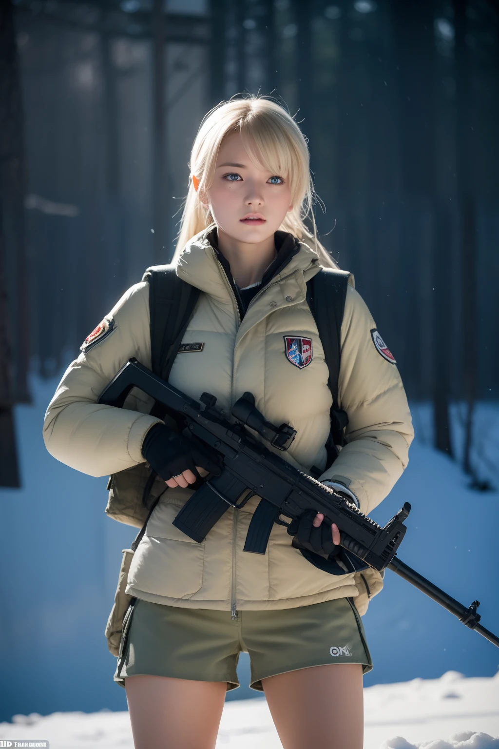 ,((masterpiece:1.2, best quality)),movie,official art,promotional art,movie wallpaper,(A blonde 德国 girl in White combat uniform)), (White clothes and shorts), exposing thighs, in a low angle shot holding a gun in the snow, engaged in a winter battle. Captured in a cinematic style, the scene includes multiple female soldiers armed with rifles on the frontline. The image is taken in an otherworldly fantasy realm. The color temperature is cool with a slight blue tint, conveying a sense of coldness and tension. The lighting is dramatic with harsh shadows and highlights, highlighting the woman's fierce expression. Shot with a Sony A7R IV camera using an aperture of f/2.8, ISO 1600, and a shutter speed of 1/200 sec. UHD dtm HDR 8k.