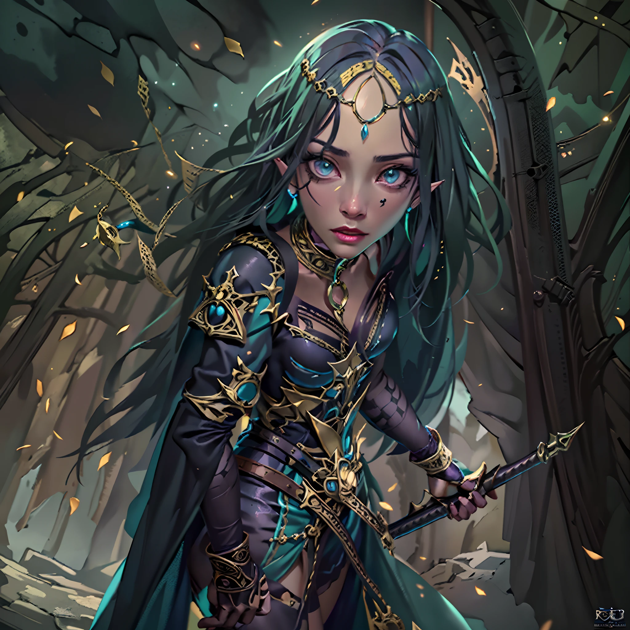 a picture of a female elf (intense details, Masterpiece, best quality: 1.5) fantasy swashbuckler, fantasy fencer, armed with a slim sword, fantasysword sword, metallic shine, colorful clothes, an ultra wide shot, full body (intense details, Masterpiece, best quality: 1.5)epic beautiful female elf (intense details, Masterpiece, best quality: 1.5), [[anatomically correct]],  rich hair, braided hair, long hair, small pointed ears, fantasy urban street (intense details, Masterpiece, best quality: 1.5),  purple cloak  (intense details, Masterpiece, best quality: 1.5), long cloak (intense details, Masterpiece, best quality: 1.5), elven leather armor (intense details, Masterpiece, best quality: 1.5) sense of daring, sense of adventure, controlling a swirling colorful magic runes (1.5 intricate details, Masterpiece, best quality), manipulating colorful magical runes (intense details, Masterpiece, best quality: 1.5) high details, best quality, 8k, [ultra detailed], masterpiece, best quality, (extremely detailed), dynamic angle, ultra wide shot, photorealistic, RAW, fantasy art, dnd art, fantasy art, realistic art,