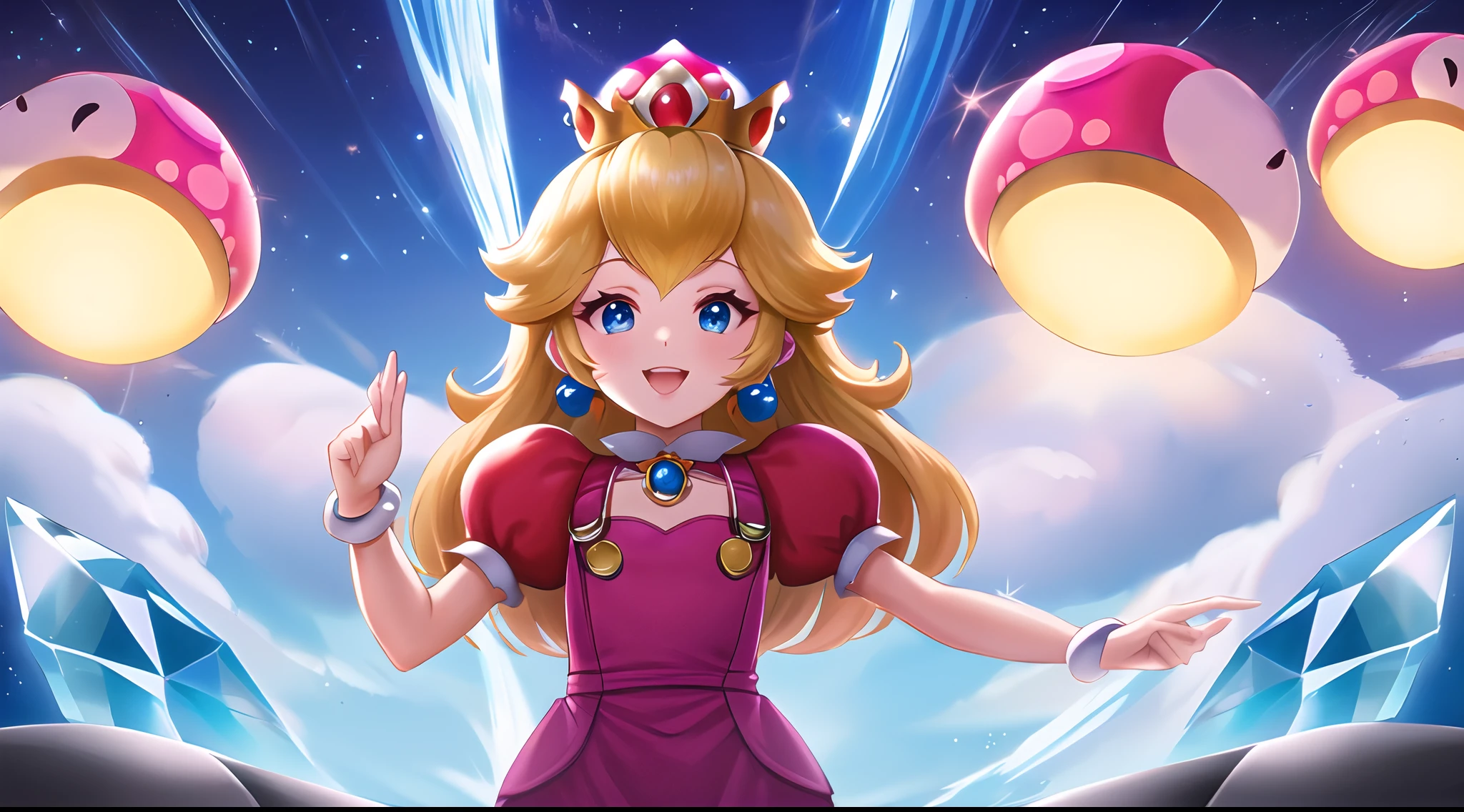 Altas Resoluciones,obra maestra,perfect ilumination,florecer,cinematic lighting,adulto,piel perfecta,hembra,Disparo de vaquero,They are smiling,cintura estrecha,flaco,(princesa peach),(princess peach),gargantilla,ojos detallados,ojos azules,gargantilla,Sensual,mushrooms,Reino de los hongos,labios rosados,((labios brillantes)),labios fruncidos,bombas rosas,piel brillante,piel grasa,hermosa luz,(tag:1.3),brillante,mirando al espectador,(phcrystal), (1boy:1.3)  masterpiece, high quality SuperMario wearing overalls and holding coins in his hand, jumping in the clouds, with a mustache, red tshirt,