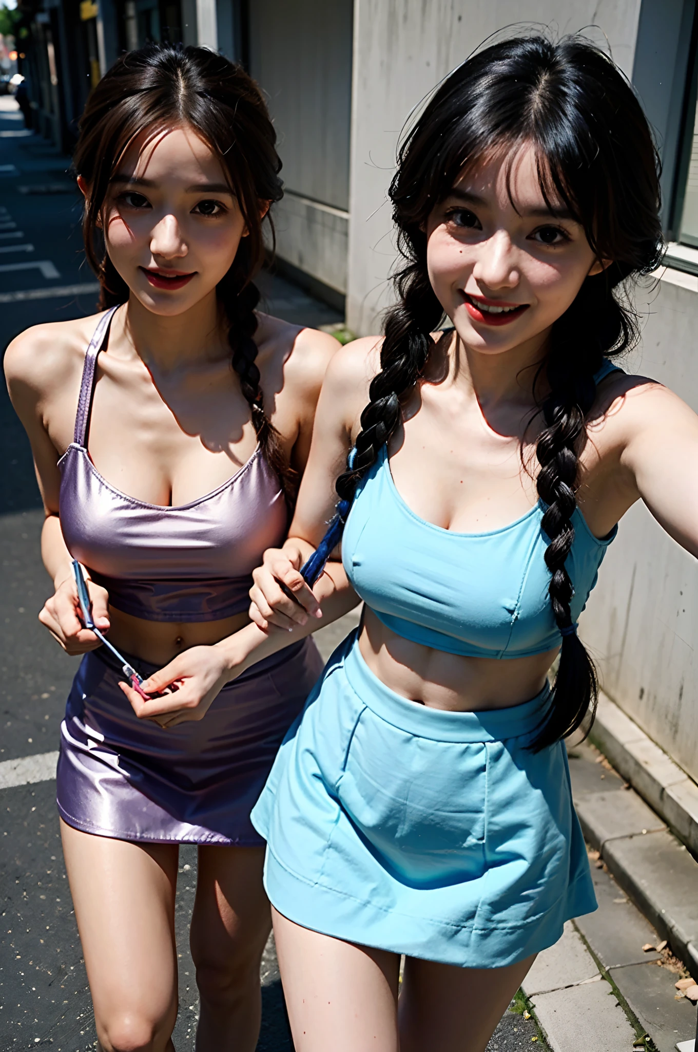 Best Quality, raw photograph,Masterpiece, Extremely Detailed, High Resolution, 4K, Ultra High Resolution, Detailed Shadows, Perfect Light and Shadow, duo,Two Girls in Costumes Taking Selfies on the Street,navel,Colorful Braids, Anime Role Play, Anime Style Mixed Fujifilm, Big Breasts, Cute, Laugh,