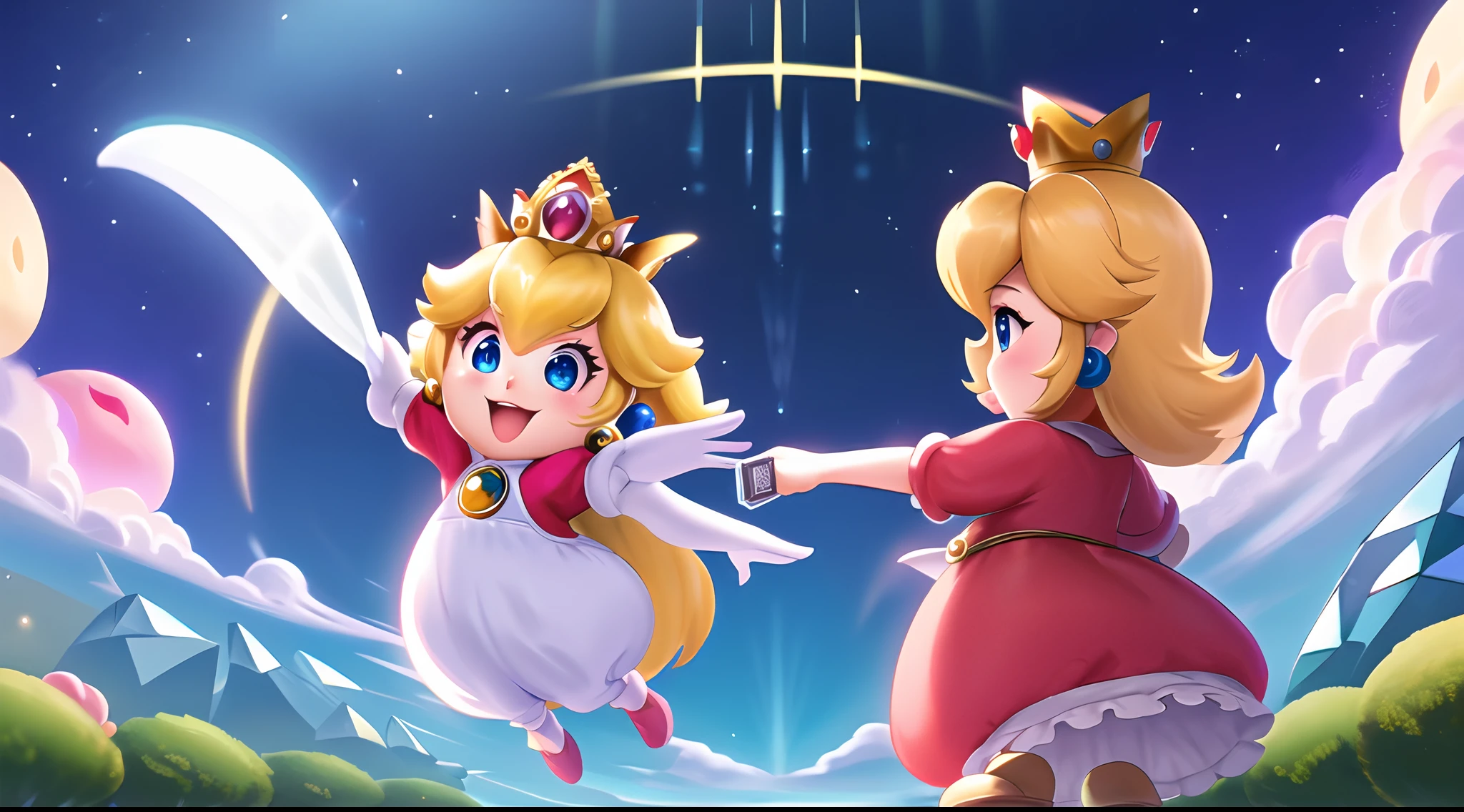 Altas Resoluciones,obra maestra,perfect ilumination,florecer,cinematic lighting,adulto,piel perfecta,hembra,Disparo de vaquero,They are smiling,cintura estrecha,flaco,(princesa peach),(princess peach),gargantilla,ojos detallados,ojos azules,gargantilla,Sensual,mushrooms,Reino de los hongos,labios rosados,((labios brillantes)),labios fruncidos,bombas rosas,piel brillante,piel grasa,hermosa luz,(tag:1.3),brillante,mirando al espectador,(phcrystal), (1boy:1.3) masterpiece, high quality SuperMario wearing overalls and holding coins in his hand, jumping in the clouds, with a mustache, red tshirt,