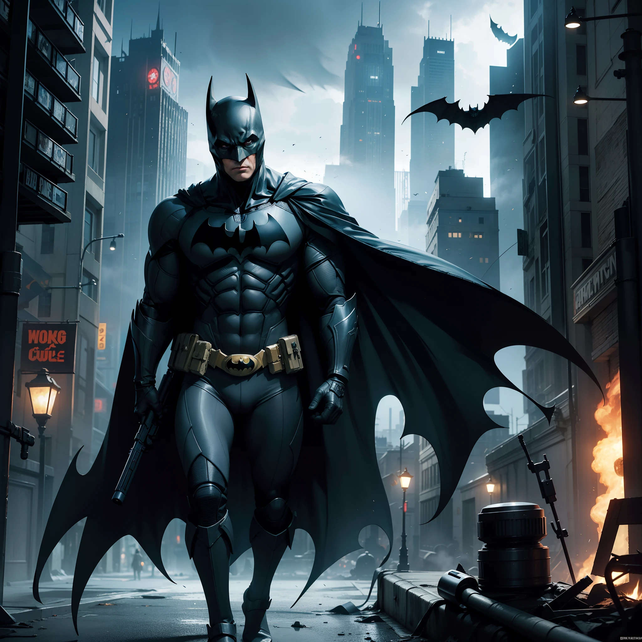 Create an image with a fisheye lens effect, Batman action figure with cape and gloves on a background filled with buildings and fog, The Batman, Batman, Batman with guns, Mecha Batman, cyberpunk Batman, From the movie Batman, inspired by Jim Lee, painted action figure, Portrait of Batman, collectible action figure, hyper detailed full body shot, high detail iconic character, dark knight, full figure, full detailed body, batman arkham asylum, burning buildings and crashed cars