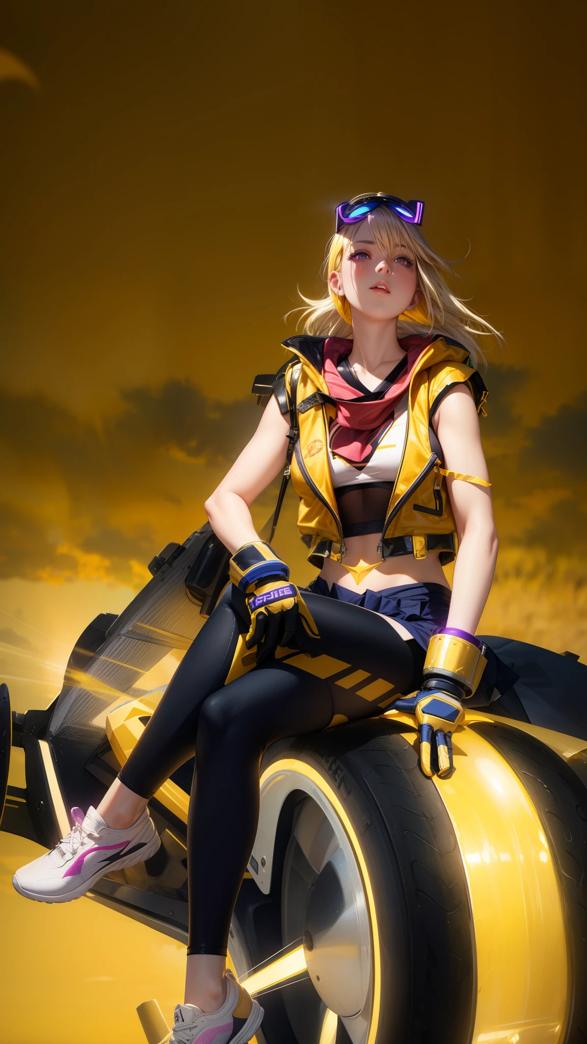 realistic, 1girl, yellow hair, purple eyes, glowing eyes, crop top, skirt, parted lips, blush, night, sun, sunlight,