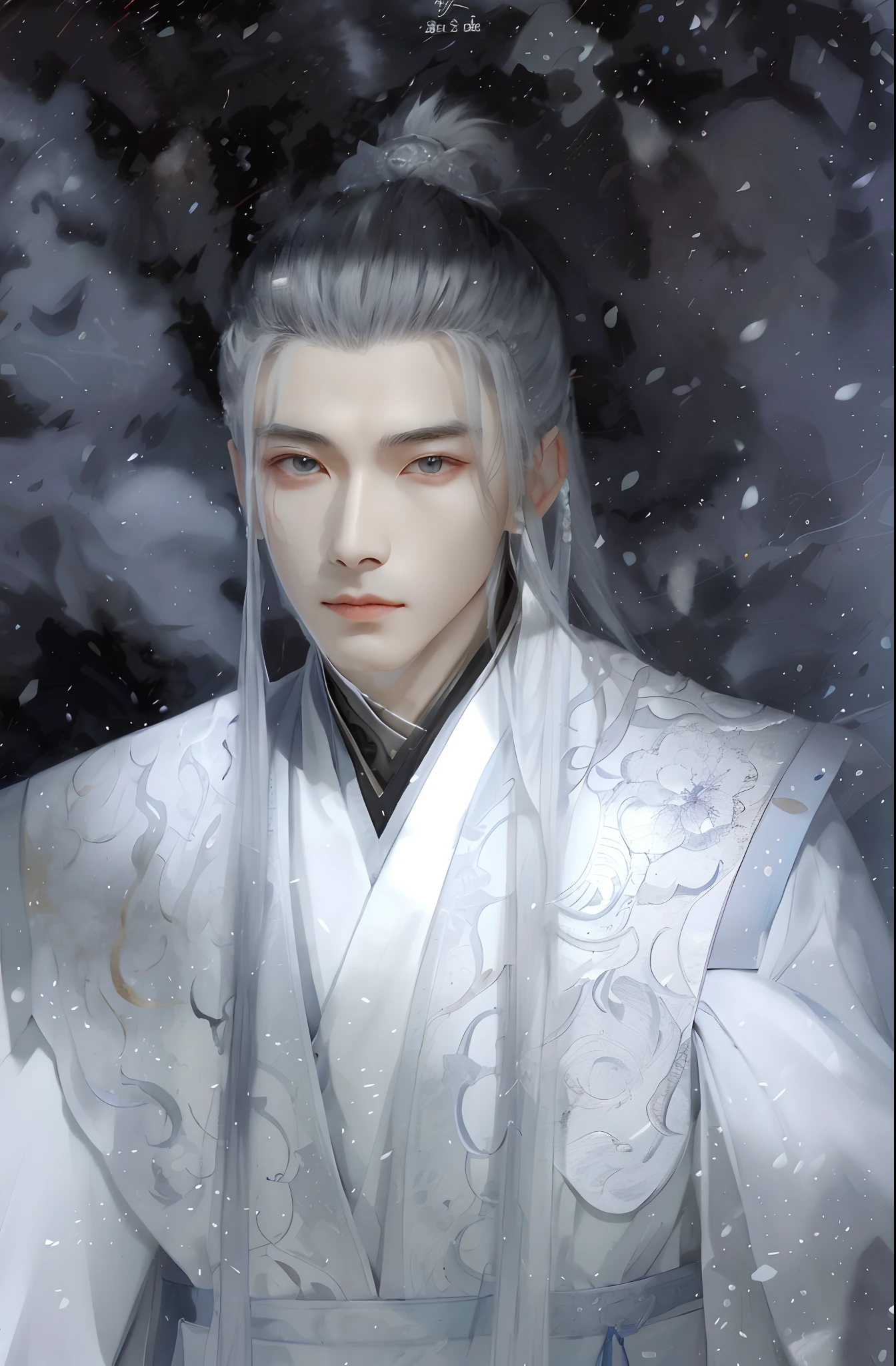 Close-up of a man in a white robe holding a sword, Cai Xukun, Inspired by Zhang Han, Inspired by Seki Dosheng, heise jinyao, xianxia fantasy, Beautiful androgynous prince, Yan, zhao yun, inspired by Wu Daozi, Inspired by Bian Shoumin, White Hanfu, drak,red fox
