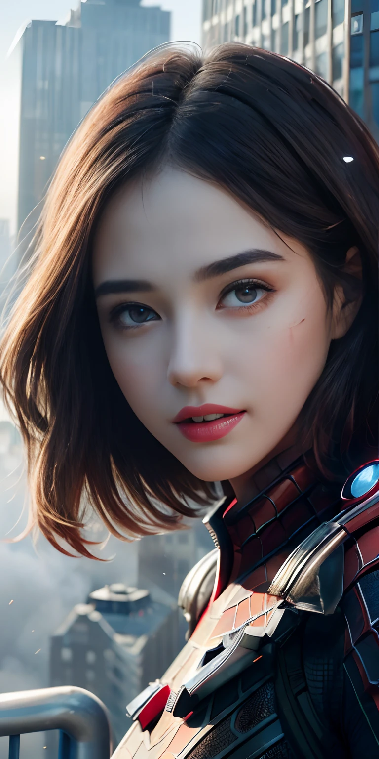 (1girl:1.3), Solo, (((Very detailed face)))), ((Very detailed eyes and face)))), Beautiful detail eyes, Body parts__, Official art, Unified 8k wallpaper, Super detailed, beautiful and beautiful, beautiful, masterpiece, best quality, original, masterpiece, super fine photo, best quality, super high resolution, realistic realism, sunlight, full body portrait, amazing beauty, dynamic pose, delicate face, vibrant eyes, (from the front), She wears Spider-Man suit, red and black color scheme, spider, very detailed city roof background, rooftop, overlooking the city, detailed face, detailed complex busy background, messy, gorgeous, milky white, highly detailed skin, realistic skin details, visible pores, clear focus, volumetric fog, 8k uhd, DSLR, high quality, film grain, fair skin, photo realism, lomography, futuristic dystopian megalopolis, translucent