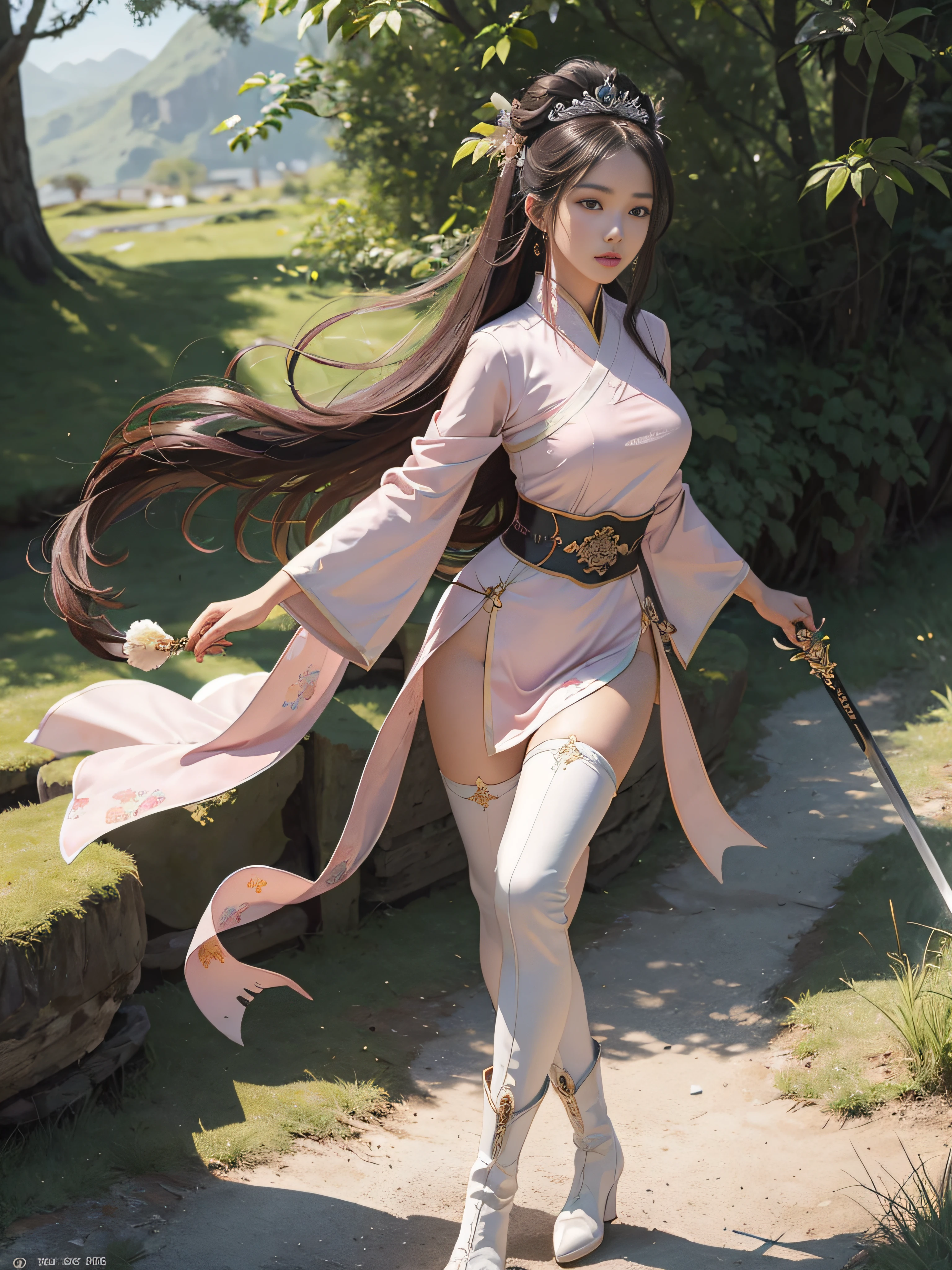 Royal sister,swordsmen,Big sister type,Oriental women,gallant woman,A female disciple of the Emei School,Cold sass,tmasterpiece,A high resolution,,Absolutely beautiful,,looking toward the viewer,full bodyesbian,frontage,(Wide buttock:1.3),(Thick legs:1.4),are standing,cruel grin,exquisitedetails,A high resolution,Wallpapers,,(Wear boots),Show off the boot look,(Knee-length stockings exposed),All over pale pink Hanfu,ancient wind,Hanfu,Wear long pants,floral patterns,clubs,Wide waistband,The emblem of the Emei faction,Hair is usually black or dark brown,simple tiara,Like a hairpin、hairpins, etc,Beautiful appearance,Good facial features,The eyes are shining,with fair skin,Plump body,Act lightly,Like a fairy。natural poses,standing on your feet,sword sheath, Fanning,16K,HDR,A high resolution,depth of fields,Bocoon,prime time,Vignette,rainbowing