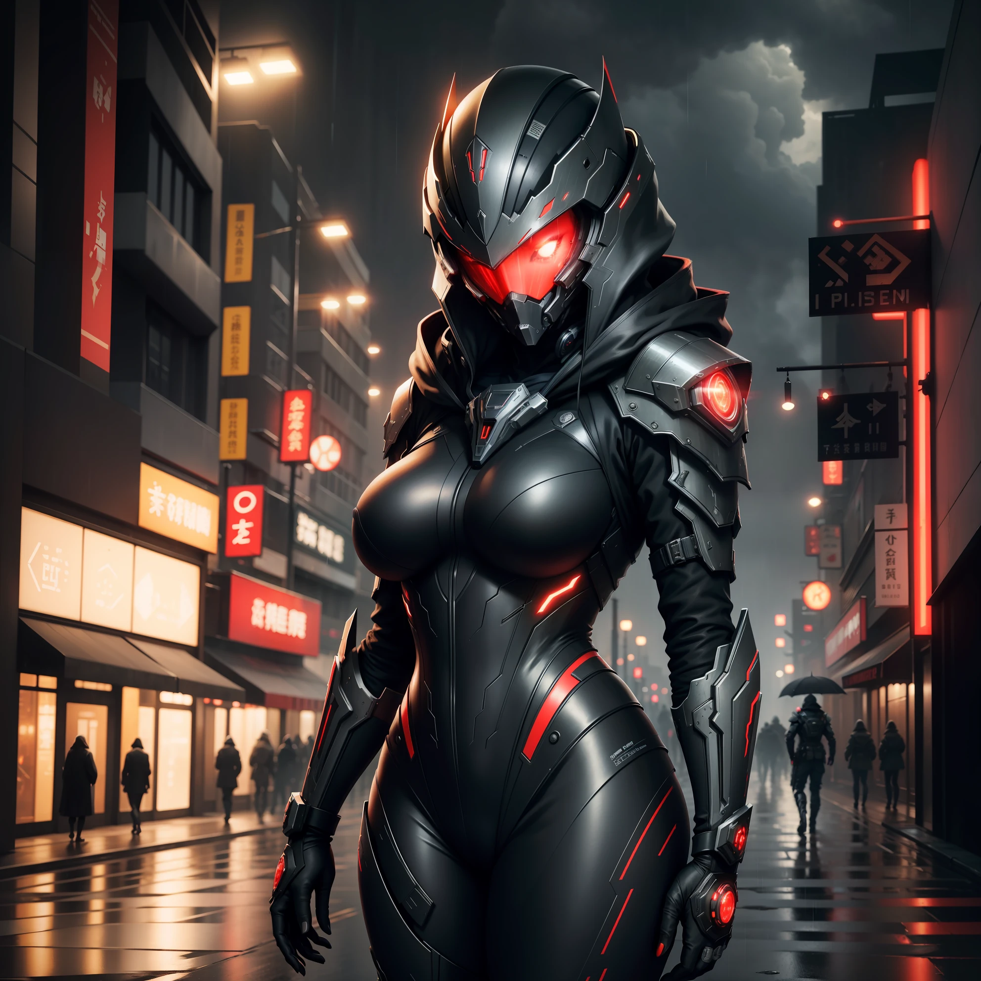 Warframe Intricate patterns heavy metal， Energy lines， Faceless， glowing light eyes， ellegance， vehement， blood red and black uniform， 独奏， modern day， 城市， the street， dark cloude， thunderstorm， very heavy rain， Dramatic lighting，Wasteland Cyberpunk best quality，A high resolution，beautifuldetails，extremely detailed nipple，perfect litthing，