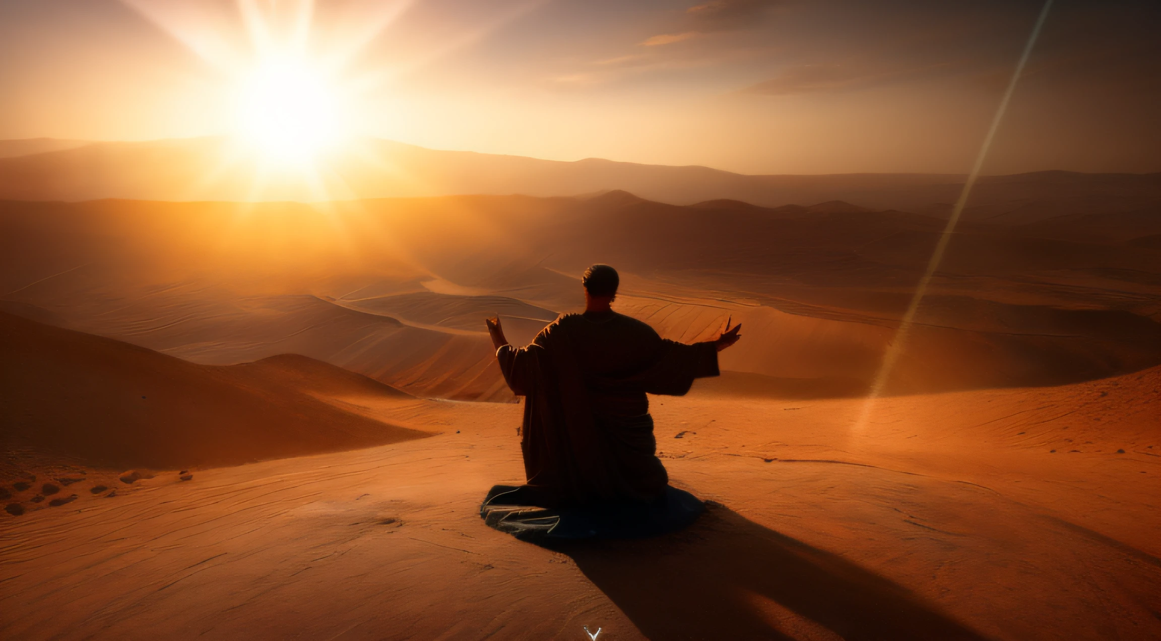 Ancient Israel、1st century、Mysterious rays from heaven、Wasteland、Man praying with open arms、in 8K、Raw photography、top-quality、masterpiece:1.5、ultra-lightweighthigh-resolution、Photorealsitic:1.5、ciinematic light、soft volumetric lighting:1.5、realisitic、Photorealsitic:1、Detailed skin、profetional lighting、a picture、foco nítido、detaileds、profetional lighting、photon maping、detailed and intricate environment、ighly detailed、top-quality、Artistic photography、photorrealistic concept art、soft natural volumetric cinematic perfect light、Midjourney、Detailed hand、