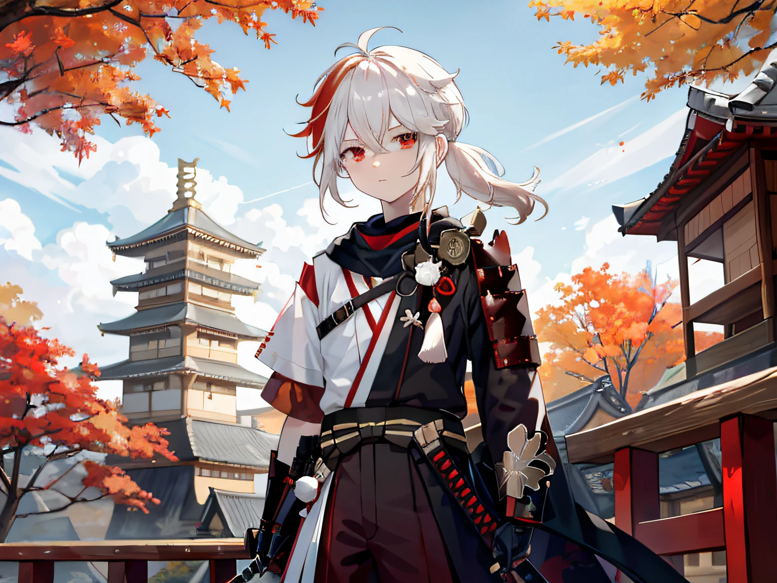 masterpiece, best quality, maple manyo, male focus, 1boy, solo, red eyes, bangs, multicolored hair, japanese clothes, striped hair, red hair, hair between the eyes, weapon, sword, armor, japanese armor, white hair, shut up, ponytail, outdoors, tassel, looking at the audience, castle tower, (kbxll:0.6)