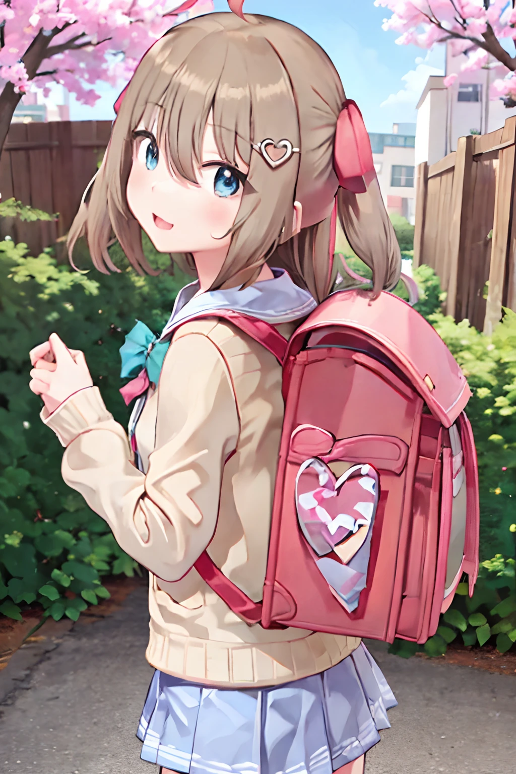 (masterpiece), (ultra-detailed), best quality, 8k, 1girl, neuro-sama, solo, looking at viewer, standing, looking at viewer, portrait, brown cardigan, bowtie, sailor collar, ahoge, cherry blossoms, blue eyes, sky, outdoors, smile, heart hair ornament, two side up, , blue skirt, white shirt, serafuku, wearing pink randoseru backpack, side view, (randoseru backpack:1.0)