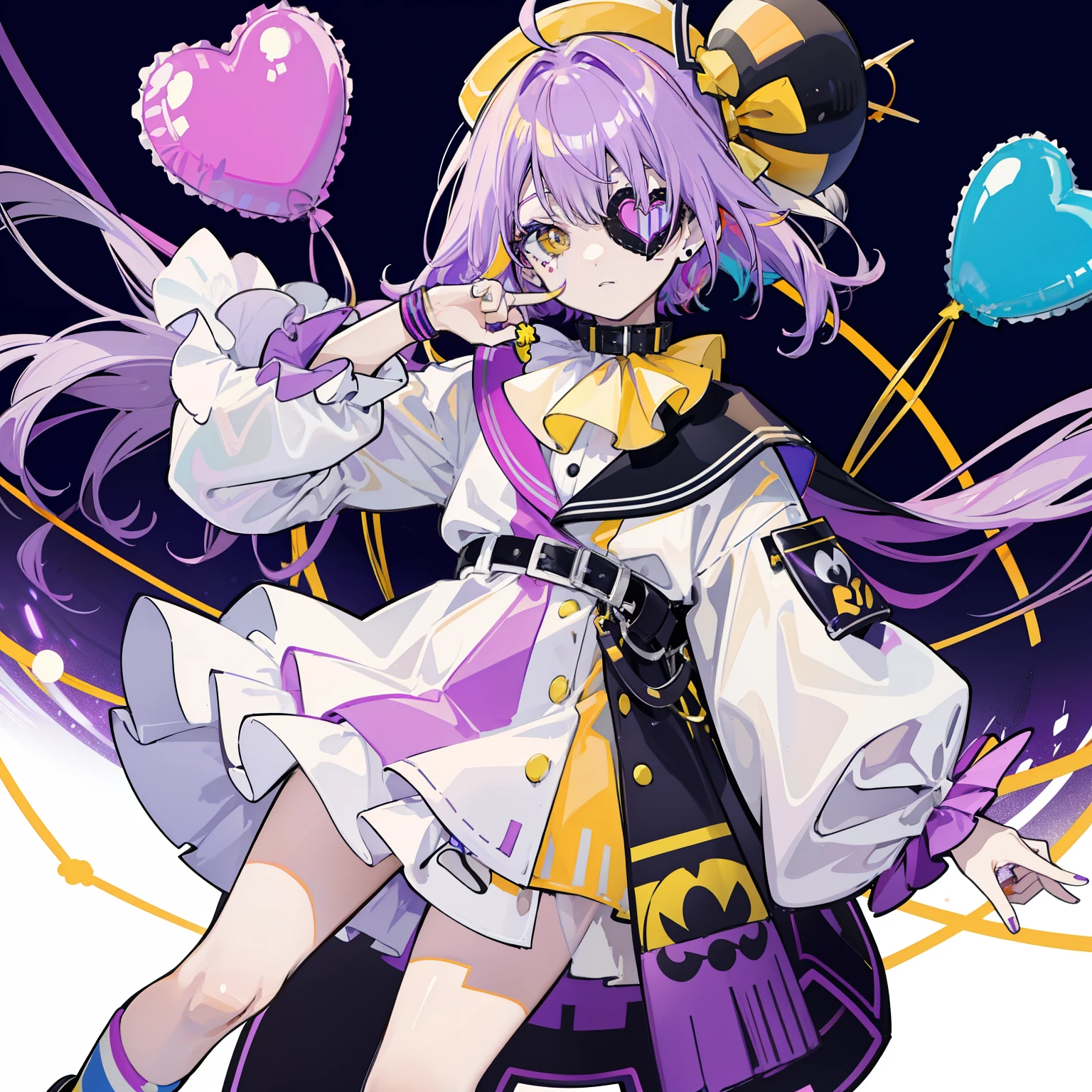 Purple haired colorful clown character standing with yellow balloons on white surface, 1girl in, Purple hair, Solo, an eye patch, clown, hat, White background, multicolored clothes, heart mark, Long sleeves, hair between eye, Black footwear, Yellow eyes, Simple background, face tattoo, Mini Hat