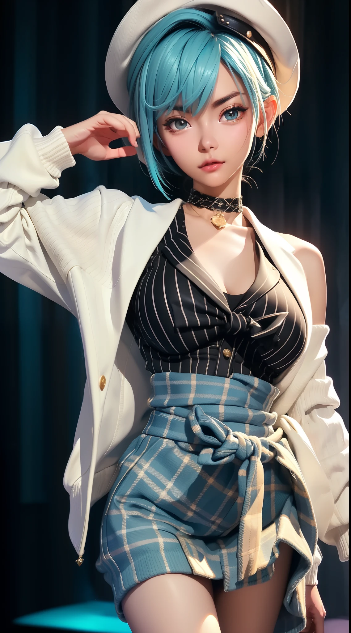 best qualityer， tmasterpiece， 1girll， 独奏， White gradient striped hair， short detailed hair， whaite hair， lilie （event）， black beret， Plaid skirts， choker necklace， Cyan sweater jacket， collared shir， Black plaid tie， The sleeve is draped over the finger， bluntbangs，Dark lights