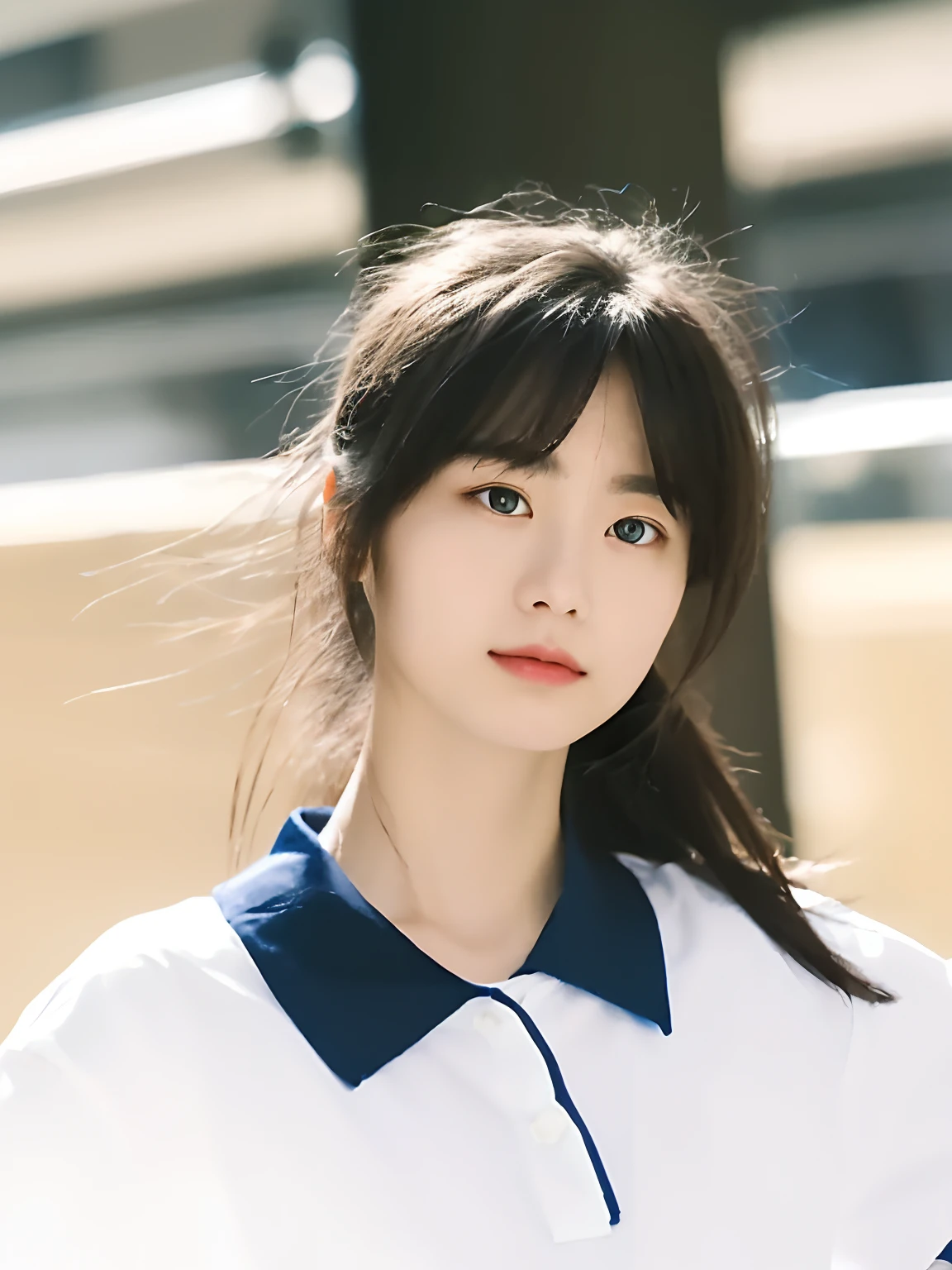 Woman posing for photo in white shirt and blue collar,Wearing a Chinese school uniform, tidy hair，By bangs,Film filter