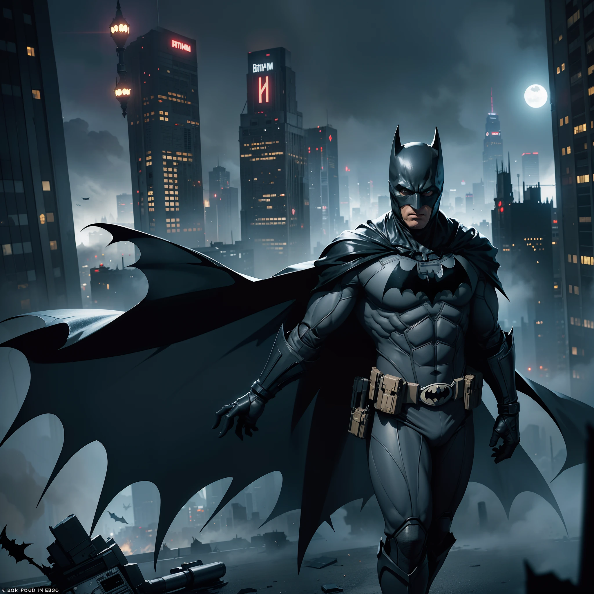 Create an image with a fisheye lens effect, Batman action figure with cape and gloves on a background filled with buildings and fog, The Batman, Batman, Batman with guns, Mecha Batman, cyberpunk Batman, From the movie Batman, inspired by Jim Lee, painted action figure, Portrait of Batman, collectible action figure, hyper detailed full body shot, high detail iconic character, dark knight, full figure, full detailed body, batman arkham asylum, burning buildings and crashed cars