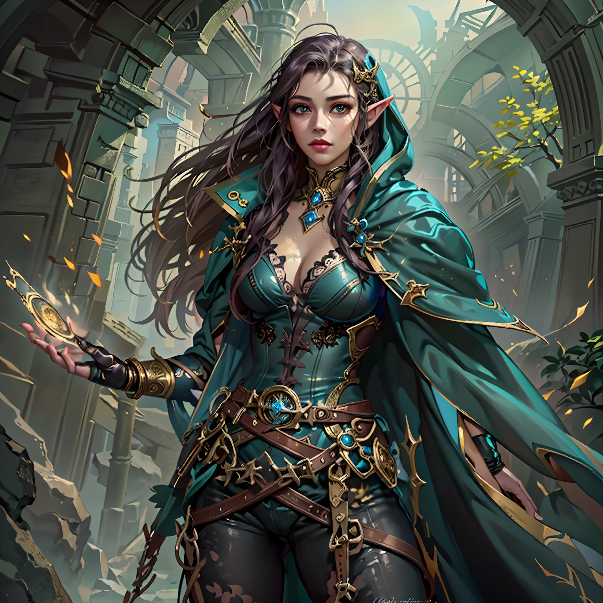 a picture of a female elf (intense details, Masterpiece, best quality: 1.5) fantasy swashbuckler, fantasy fencer, armed with a slim sword, fantasysword sword, metallic shine, colorful clothes, an ultra wide shot, full body (intense details, Masterpiece, best quality: 1.5)epic beautiful female elf (intense details, Masterpiece, best quality: 1.5), [[anatomically correct]],  rich hair, braided hair, long hair, small pointed ears, fantasy urban street (intense details, Masterpiece, best quality: 1.5),  purple cloak  (intense details, Masterpiece, best quality: 1.5), long cloak (intense details, Masterpiece, best quality: 1.5), elven leather armor (intense details, Masterpiece, best quality: 1.5) sense of daring, sense of adventure, controlling a swirling colorful magic runes (1.5 intricate details, Masterpiece, best quality), manipulating colorful magical runes (intense details, Masterpiece, best quality: 1.5) high details, best quality, 8k, [ultra detailed], masterpiece, best quality, (extremely detailed), dynamic angle, ultra wide shot, photorealistic, RAW, fantasy art, dnd art, fantasy art, realistic art,