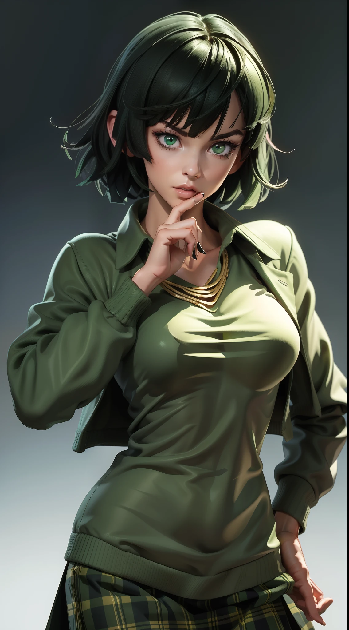 best qualityer， tmasterpiece， 1girll， 独奏，  short detailed hair， Green hair， lilie （event），  Plaid skirts， gold choker， White sweater jacket， Green collared shirt，  The sleeve is draped over the finger， bluntbangs，solid color backdrop