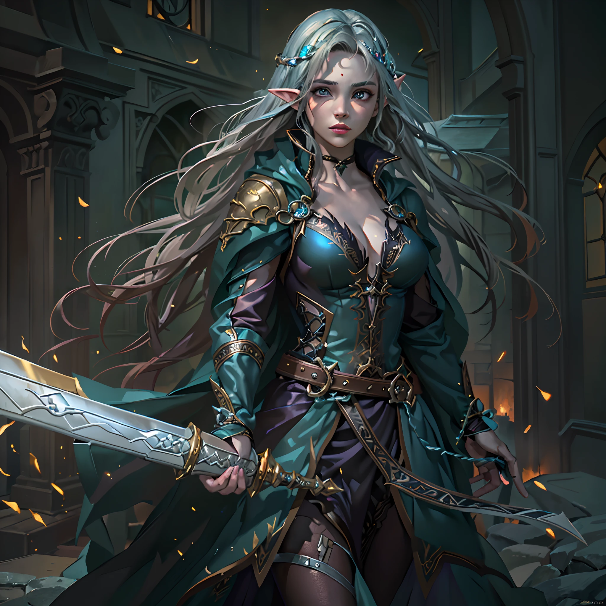 a picture of a female elf (intense details, Masterpiece, best quality: 1.5) fantasy swashbuckler, fantasy fencer, armed with a slim sword, fantasysword sword, metallic shine, colorful clothes, an ultra wide shot, full body (intense details, Masterpiece, best quality: 1.5)epic beautiful female elf (intense details, Masterpiece, best quality: 1.5), [[anatomically correct]],  rich hair, braided hair, long hair, small pointed ears, fantasy urban street (intense details, Masterpiece, best quality: 1.5),  purple cloak  (intense details, Masterpiece, best quality: 1.5), long cloak (intense details, Masterpiece, best quality: 1.5), elven leather armor (intense details, Masterpiece, best quality: 1.5) sense of daring, sense of adventure, controlling a swirling colorful magic runes (1.5 intricate details, Masterpiece, best quality), manipulating colorful magical runes (intense details, Masterpiece, best quality: 1.5) high details, best quality, 8k, [ultra detailed], masterpiece, best quality, (extremely detailed), dynamic angle, ultra wide shot, photorealistic, RAW, fantasy art, dnd art, fantasy art, realistic art,