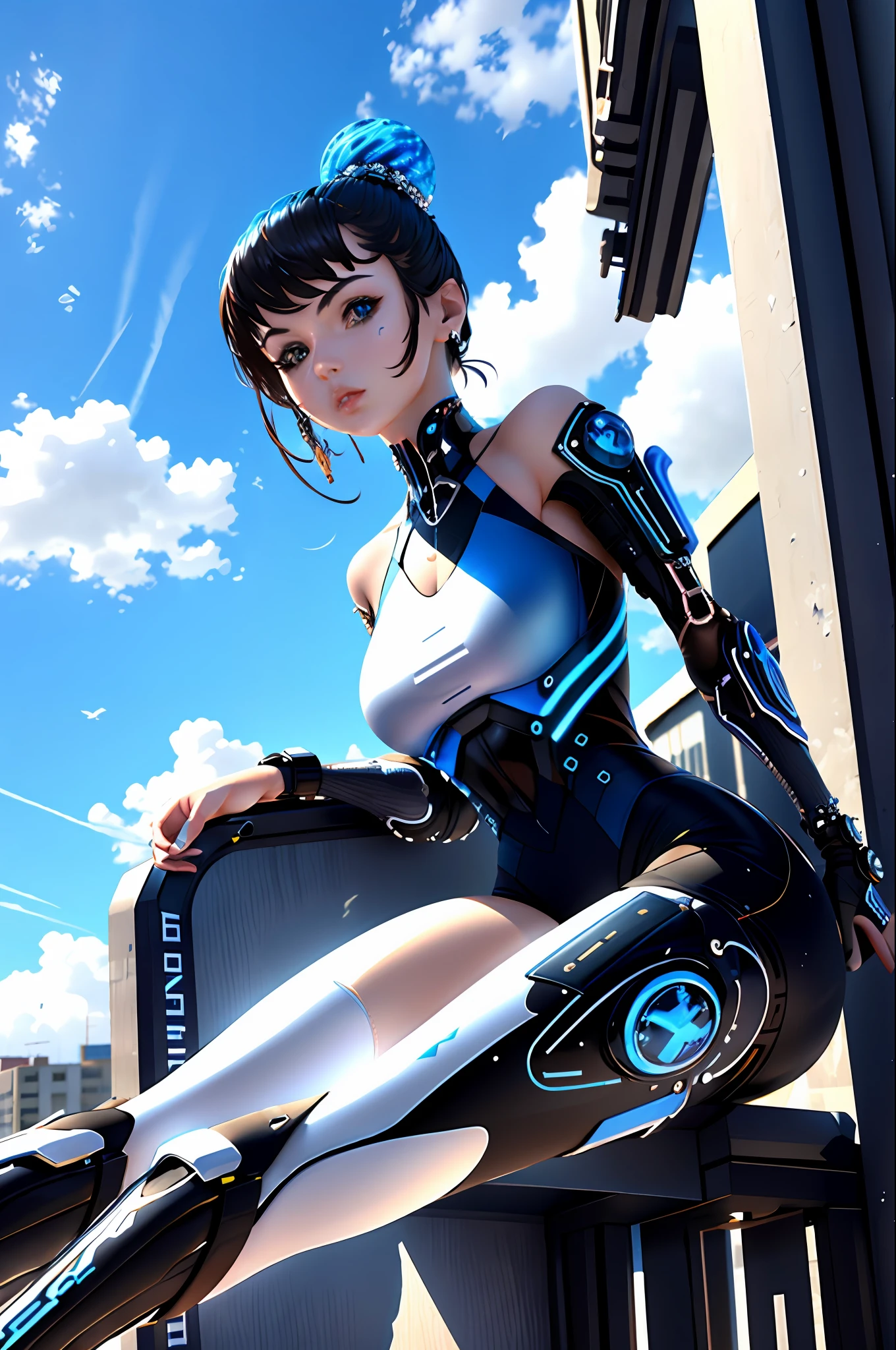 tmasterpiece，best qualtiy，1girll，Upper body cyberpunk，3D，sci-fy，Realisticstyle，with blue sky and white clouds，Sit with your legs apart