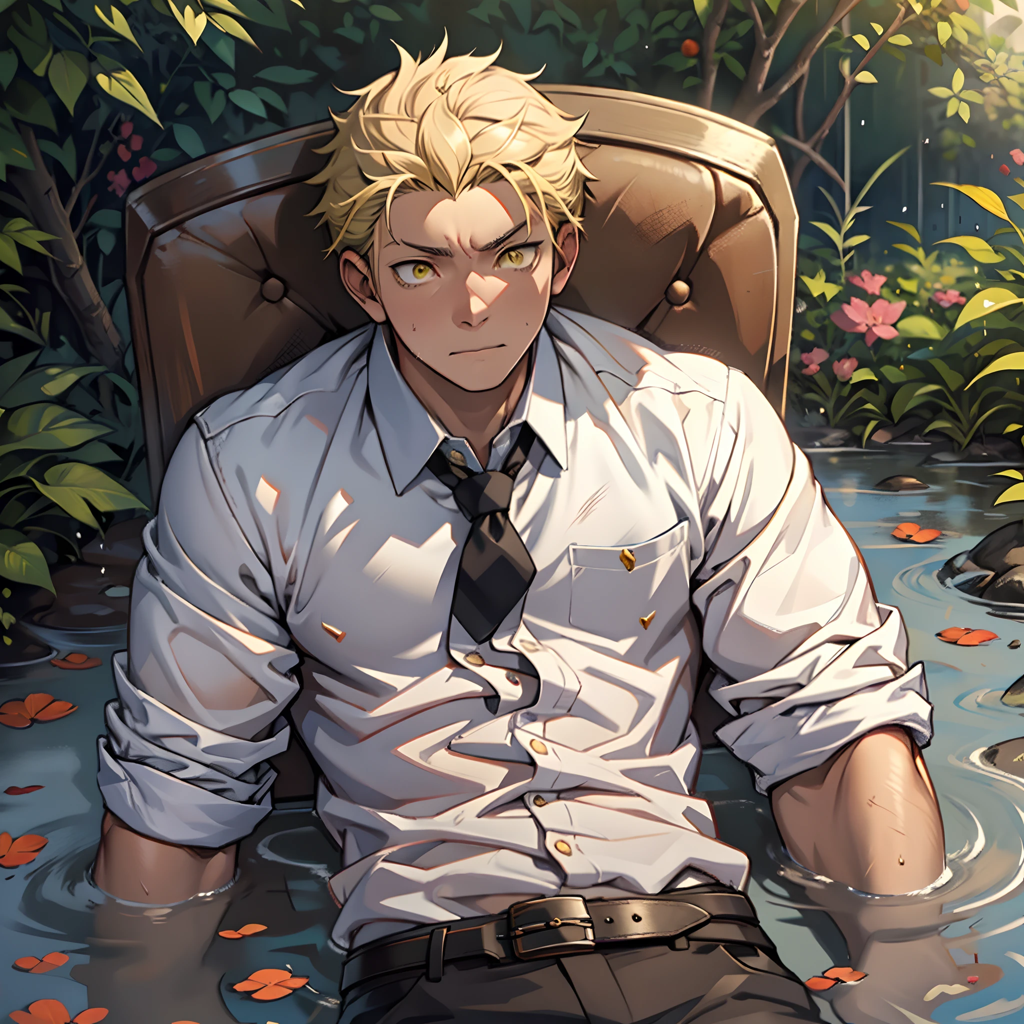 （1 Adult male），A high resolution， Sharp focus， Pixiv masterpiece， （（Complicated details））， highly  detailed， natsuki_subaru， 1 man， Lazy，full bodyesbian，Lying in the mud，Tired，decadent， Yellow eyes（eyes glowing）， Short yellow hair，white  shirt，Wear a tie，Wear a belt，perspire，Drenched，Get wet，look from down