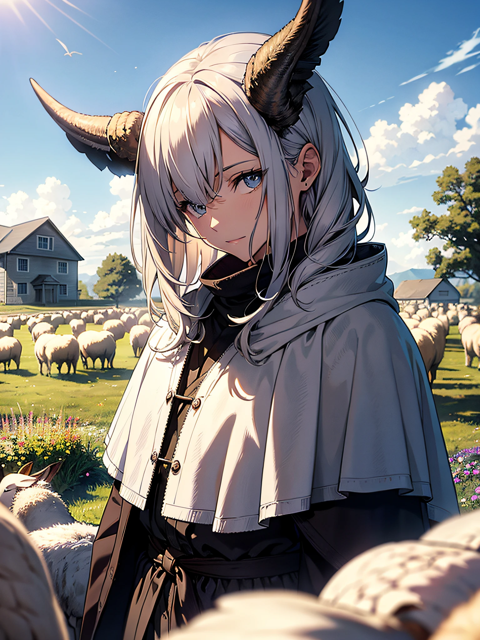 (Best quality), (masterpiece:1.3), (photorealistic:1.36), (realistic), ultra-detailed, detailed background, depth of field, a man standing in a field of dead sheep, looking at a small schoolhouse in the distance, under a blue sky with flax flowers. The man has a staff and a cloak, and the sheep have horns and wings. The schoolhouse is floating in the air, and there are dragons flying around it.