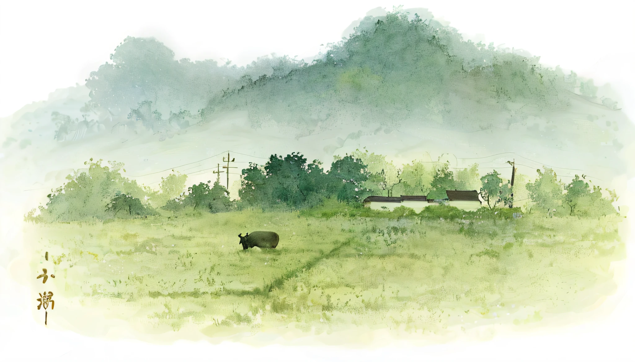 There is a painting of a cow in a field,The background is a house, author:Cheng Jiasui, Watercolor landscape, Countryside, Tano,taur,rural landscape, author:Zou Zhe, author:Sheng Maoye, Chinese watercolor style, author:Wu Zuoren, In the countryside, Chinese painting style, landscape artwork, author:Tessei Tomioka, Japanese countryside,watercolor paiting