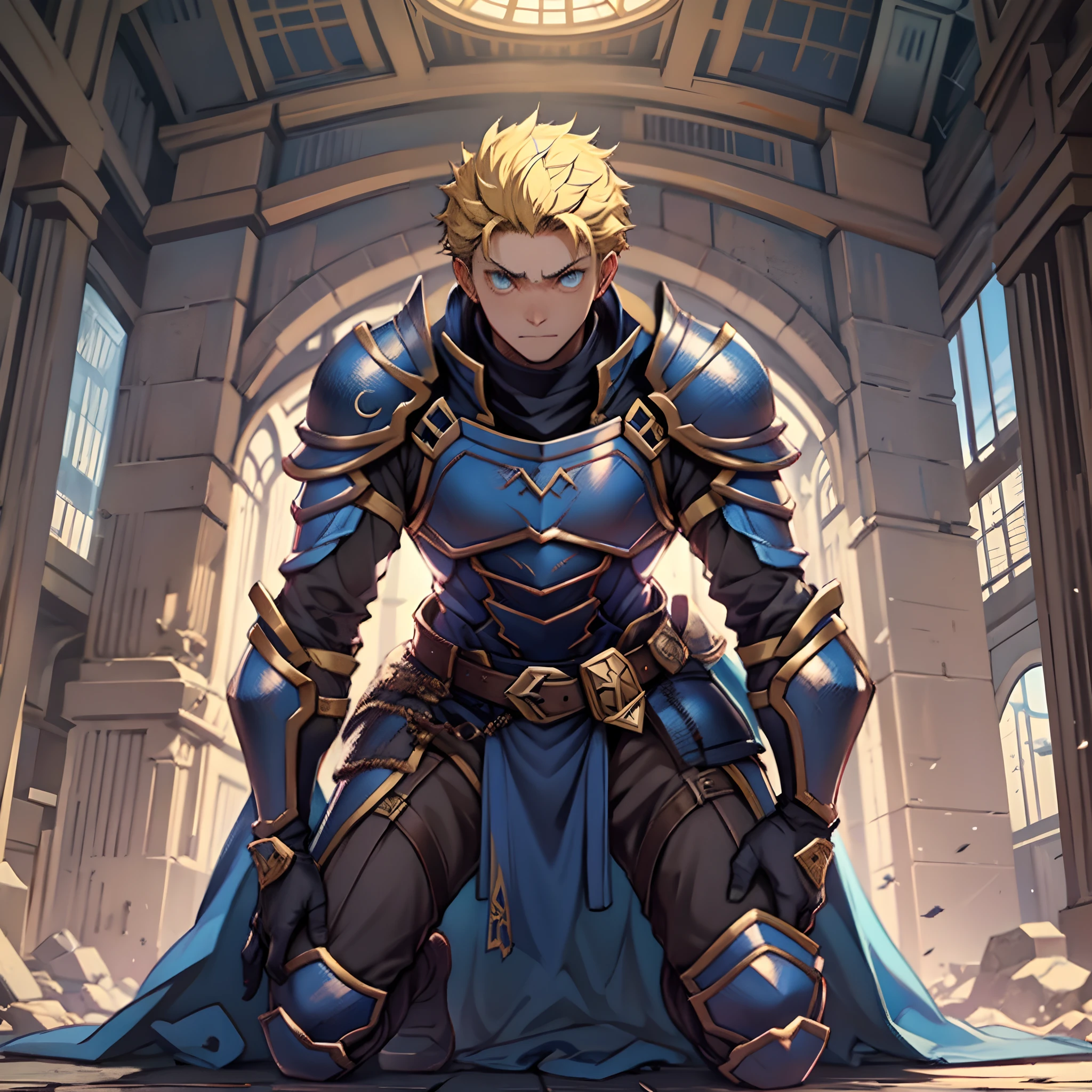 (1 Adult male),A high resolution, Sharp focus, Pixiv masterpiece, ((Complicated details)), highly detailed, natsuki_subaru, 1 man,Defeat, crestfallen,full bodyesbian,kneels on the ground, (A gesture of pleading),blue color eyes(eyes glowing), Short yellow hair,cloaks,Armour,Shoulder armor,perspire,look from down