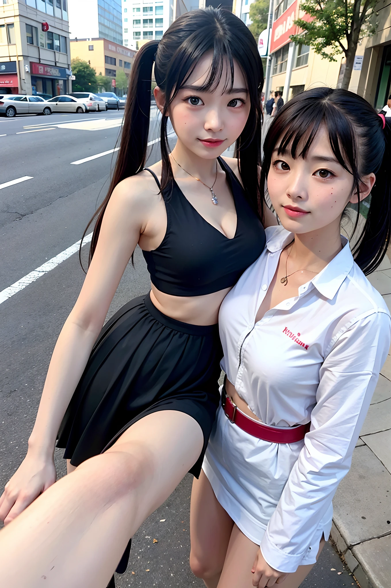 Best quality, RAW photogr,Masterpiece, Extremely detailed, high resolution, 4K, 超高分辨率, Detailed shadows, Perfect light and shadow, duo,Two girls in costume taking selfies on the street,navel,colorful pigtail, anime cosplaying, Anime style mixed with Fujifilm, Big breasts, Cute, Kaihuai,