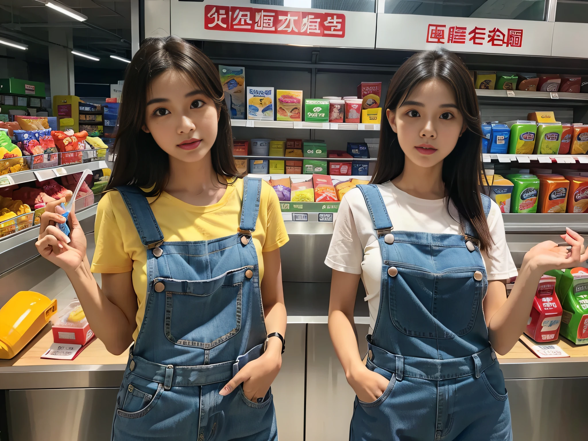 1 female supermarket saleswoman wearing overalls，Laundry detergent in hand，Introduce products to customers，Detailed facial expressions，sface focus。