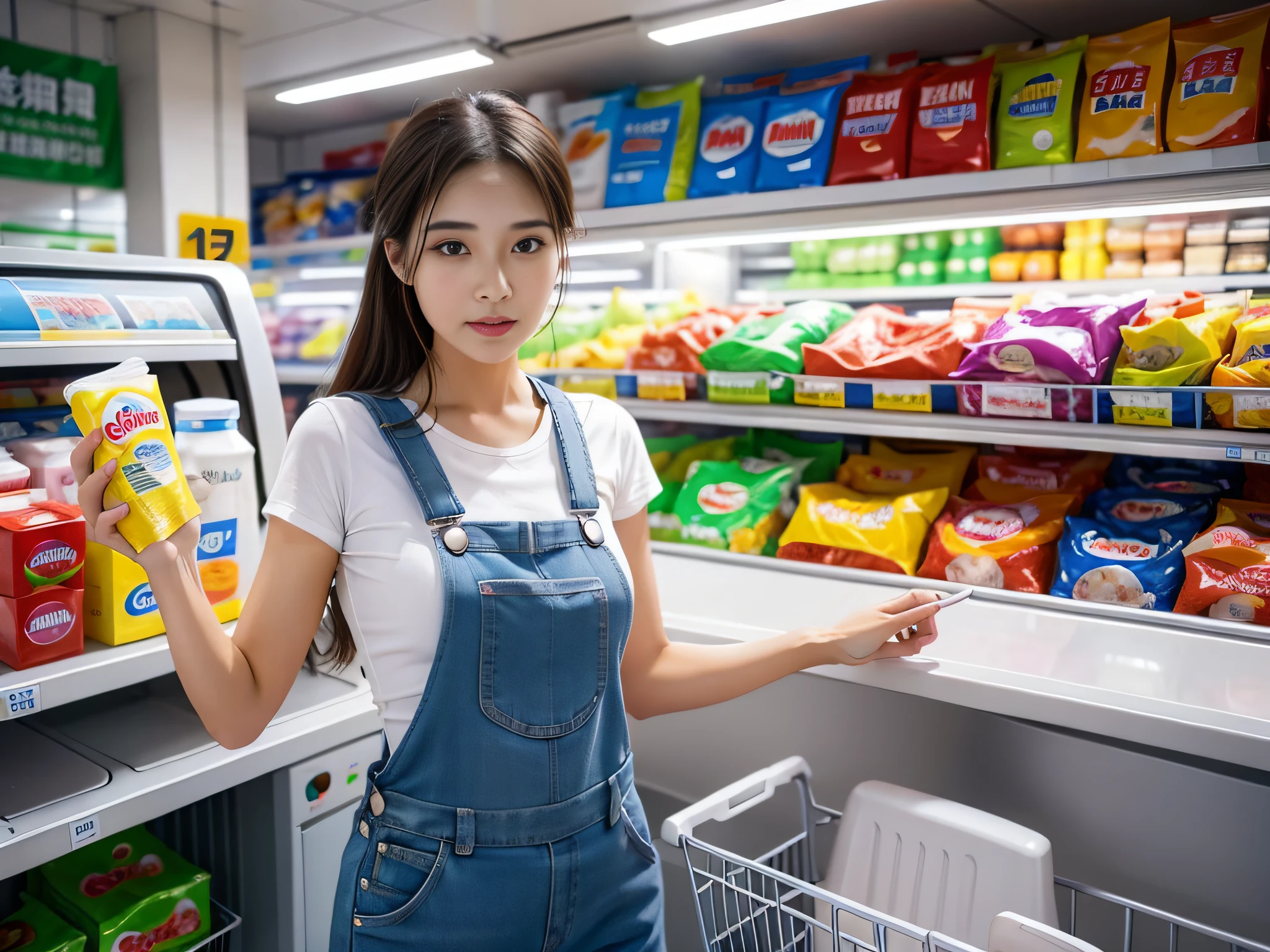 1 female supermarket saleswoman wearing overalls，Laundry detergent in hand，Introduce products to customers，Detailed facial expressions，sface focus。