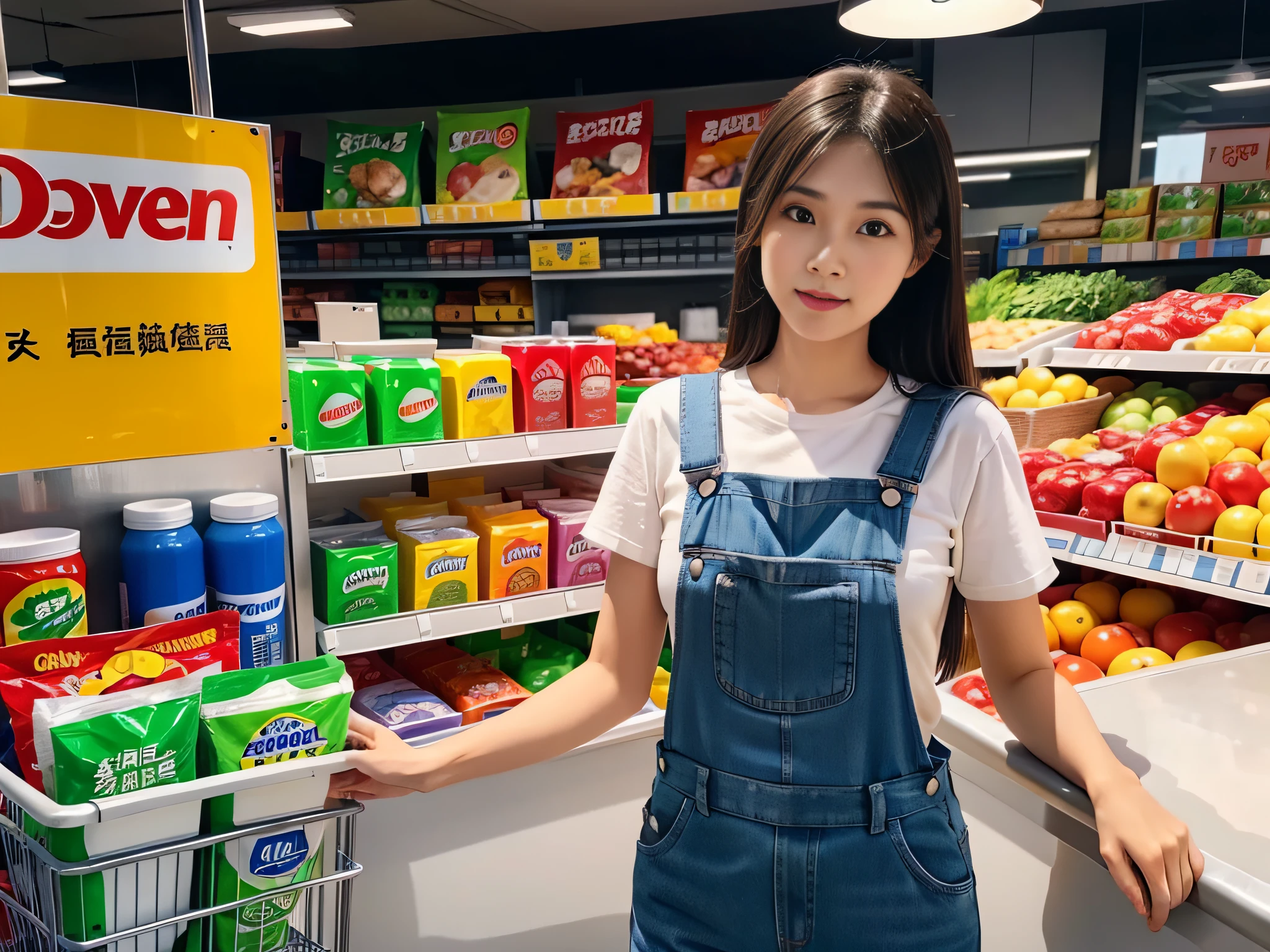 1 female supermarket saleswoman wearing overalls，Laundry detergent in hand，Introduce products to customers，Detailed facial expressions，sface focus。