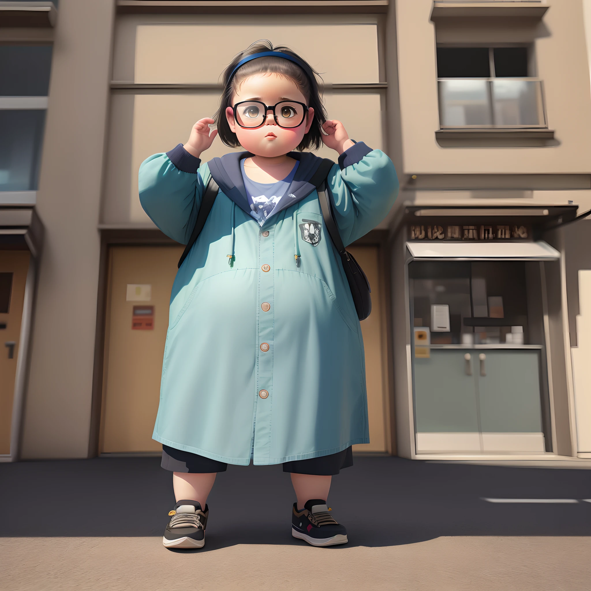 Lunette de soleil,Little fat girl,Kizi,wide wide shot,Business suit,walk,self-assured,High-rise building in the background,mid day,The sun is good,Urban greening trees,walk