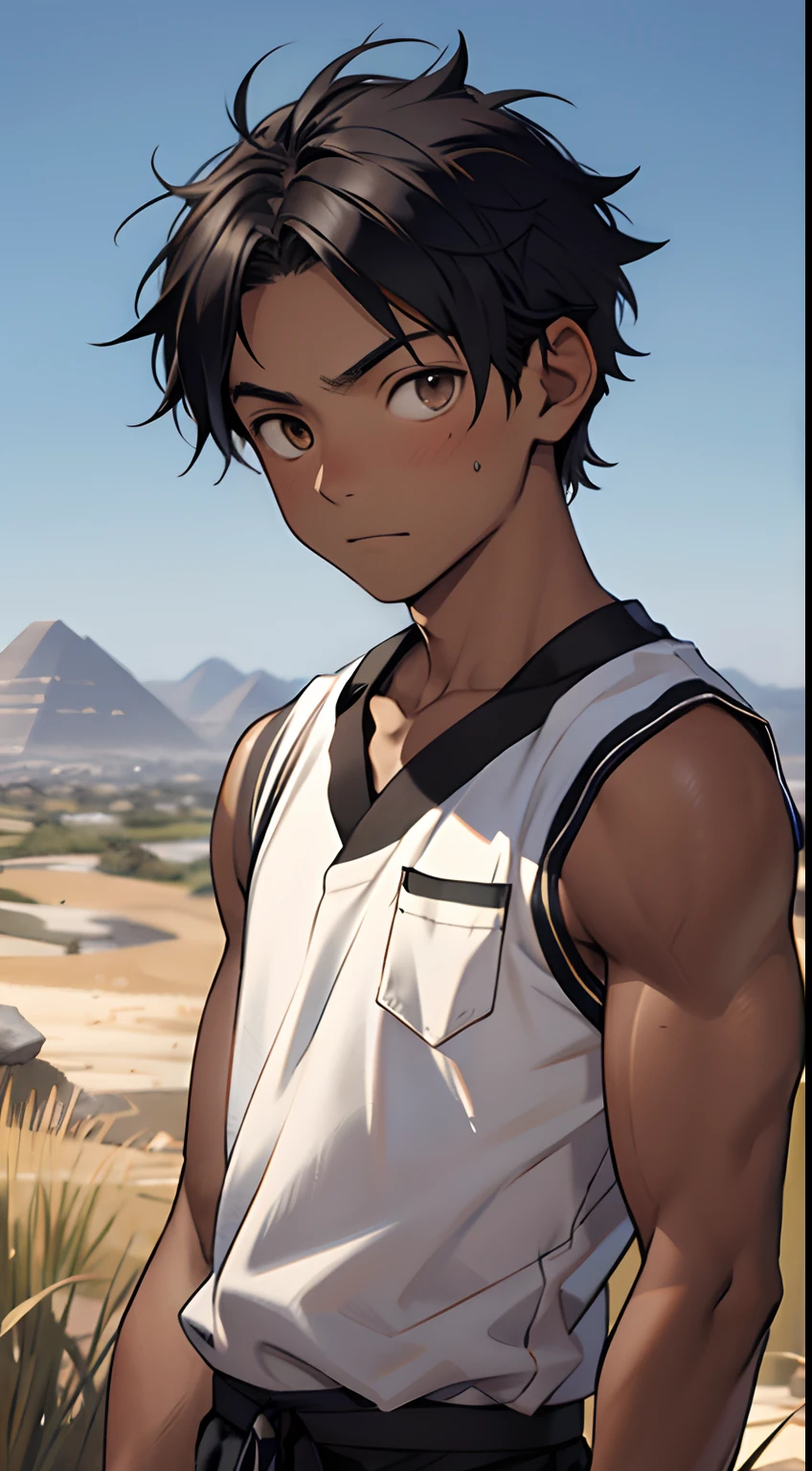 (masutepiece, Best Quality),1boy,(16 year old boy,child-faced),ancient Egyptian,delicate big eyes,Open your eyes,tanned smooth and delicate skin,infancy,young age,short round face,Flat chin,finely detaild face,Muscular arms,shorth hair,vivd colour,(depth of fields:1.2),looking at viewert,A desert