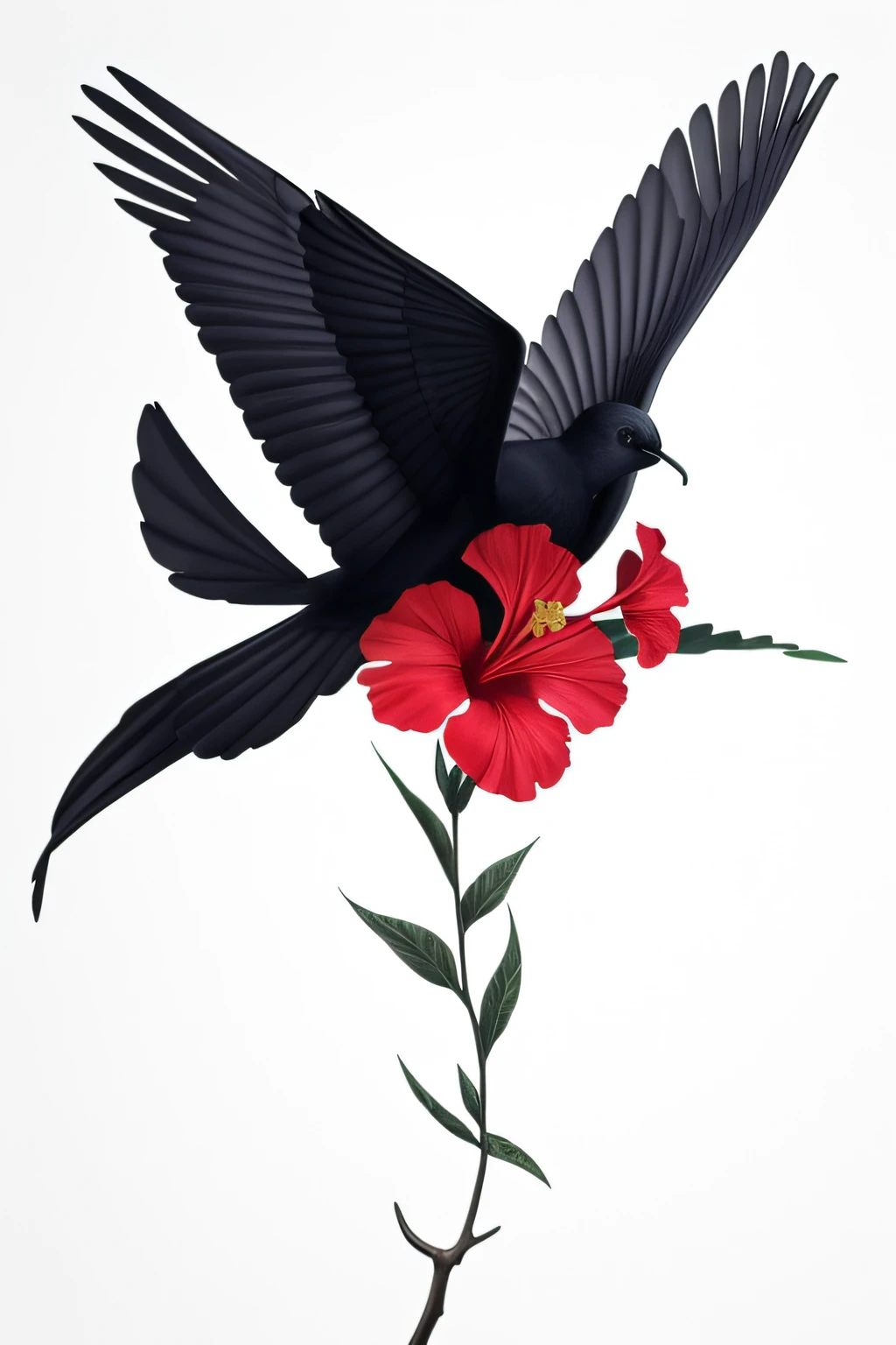 hibiscus flower wrap on a beautiful bird that spread wings against a white background, simple background, minimalist images, photography installations, paleocore, hyper-realistic, poetic intimacy