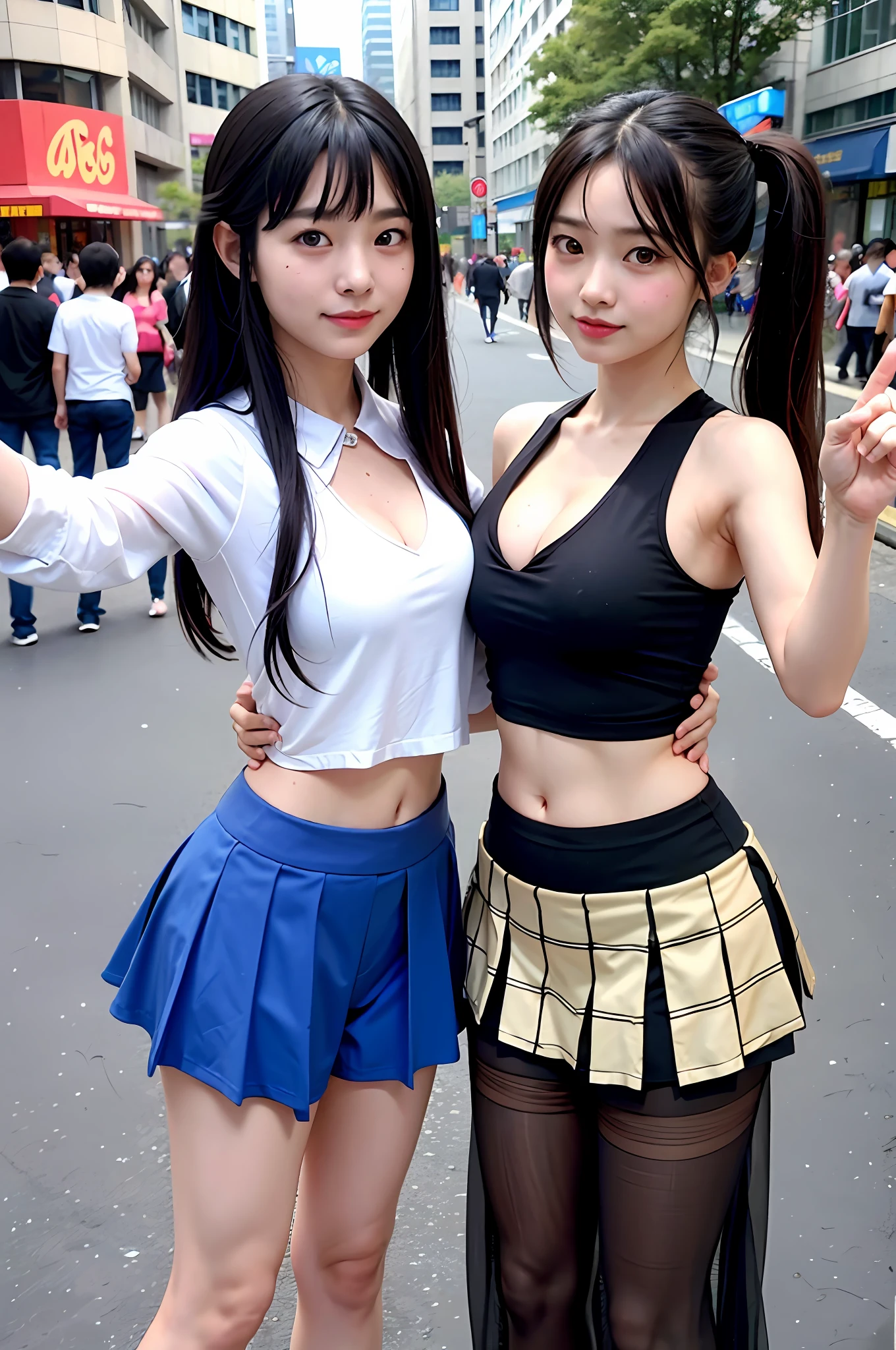 Best quality, RAW photogr,Masterpiece, Extremely detailed, high resolution, 4K, 超高分辨率, Detailed shadows, Perfect light and shadow, duo,Two girls in costume taking selfies on the street,navel,colorful pigtail, anime cosplaying, Anime style mixed with Fujifilm, Big breasts, Cute, Kaihuai,