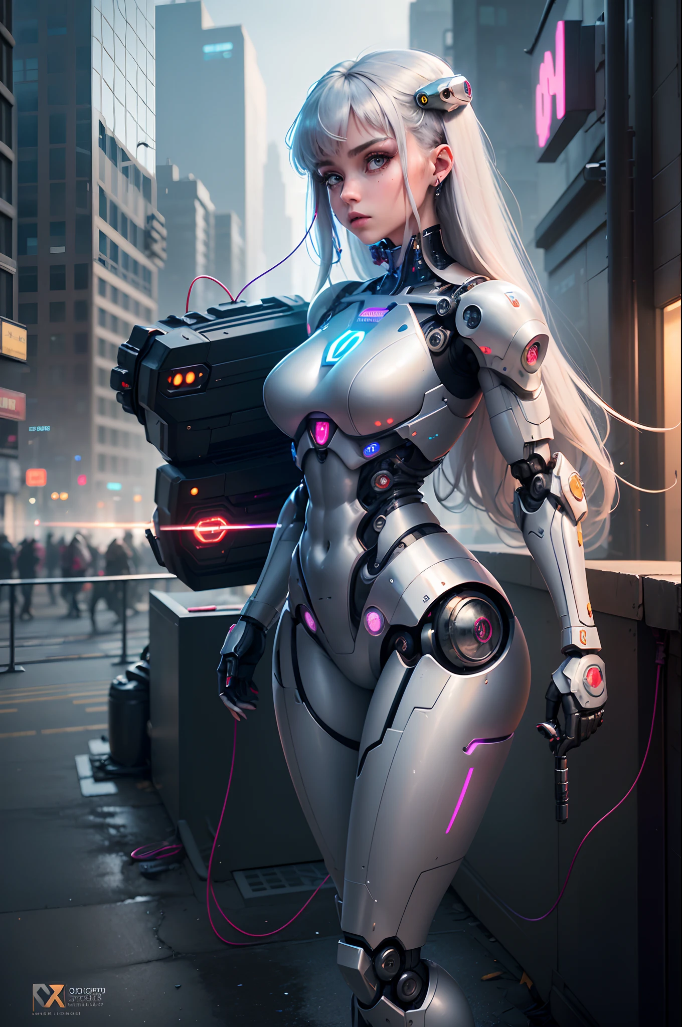 highdetailRAWcolorphoto,Hyper-realistic,Digital painting,wide wide shot,in a panoramic view,(lens flare glow:0.5),(Halo:0.5),portrait,(high detal,finedetail,iintricate),Unbelievably absurd,(Luxury cyberpunk:1.4 ,Dystopian,sci-fi),concept art,ornate,from side,looking to the side,1girl,Lucy\(cyberpunk\),European_Girls,(cute female arterial intelligence,robot,cyborg:1.5),(robotic parts,augmentations ,machine arm,mechanical leg,Silver helmet),(cybernetic implants:1.4,micro Chip,metals,electrical wires,electric cables,silica gel),Gray eye,Asymmetrical hair,standing on your feet,(handheldweapons,Combat rifles,hand gun),obi strip,(Wear a shiny skinny soft suit,Sheer white shirt),Cardigans,sleeves slit,Buttock slit,Exposed metal bone,Bodybuilding physique,slim,middlebreast,Exposed nipple,big assa,(paleskin),(Delicate skin,Spreads skin pores), HQ, Angelic, decorations, decorations, hard edge, Breathtaking, exteriors, ((On the surreal planet Raphael Lacoste)), the night, (electricity, Bright neon colors, Sprawling cyberpunk city skyline), violent storm, Sateen, smog,tendrils,spirals,dust,(((airships))), (wastelands,observatory)Raised sexy,Ambiguous action
