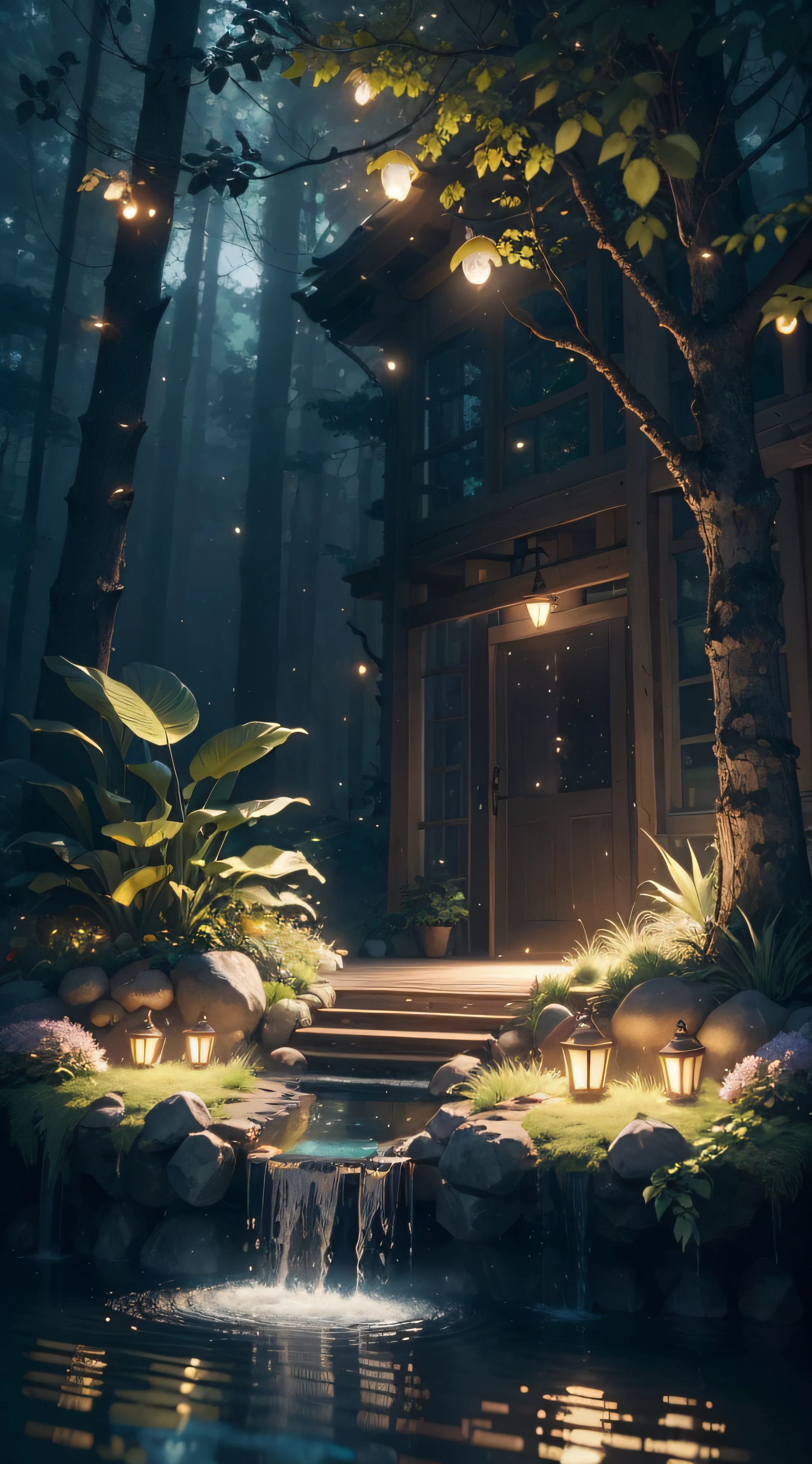 Masterpiece, best quality, (very detailed CG unity 8k wallpaper), (best quality), (best illustration), (best shadows), glow sprite, with a glowing , in the swimming pool Drinking water, natural elements in the forest theme. Mysterious forest, beautiful forest, nature, surrounded by flowers, delicate leaves and branches surrounded by fireflies (natural elements), (jungle theme), (leaves), (twigs), (fireflies), (particle effects) etc. 3D , Octane rendering, ray tracing, super detailed