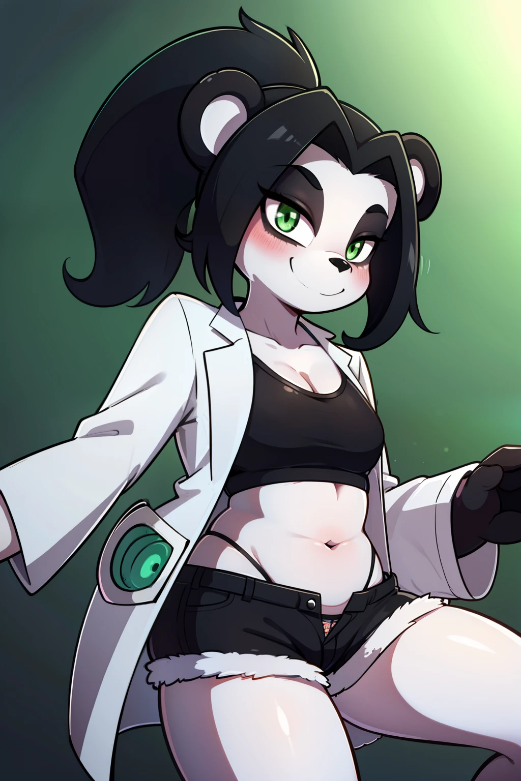 (LiLiStormstout:0.8), green eyes, black and white fur, anthro panda girl, pinup, bikini, happy, smile, (lab coat, short shorts, crop top, midriff:1.3)
