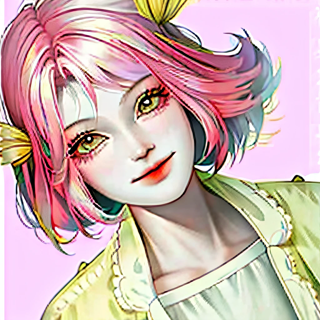 yellow backdrop，A pink-haired，ssmile