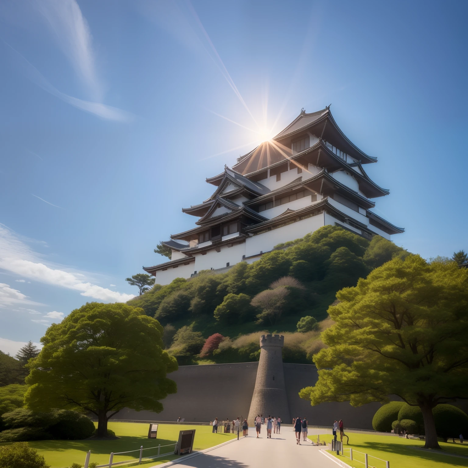 A striking image that embodies the haiku "Kokura Castle, towering keep, intense midsummer sun," seamless transitions from Kokura Castle's majestic keep to the intensity of the midsummer sun, awe, power of nature, grandeur of Kokura Castle's keep followed by the blazing midsummer sun, lighting accentuating the contrast between castle shadows and the sun's brilliance, evoking admiration and the sensation of the summer sun's heat, Real photo, 8k.