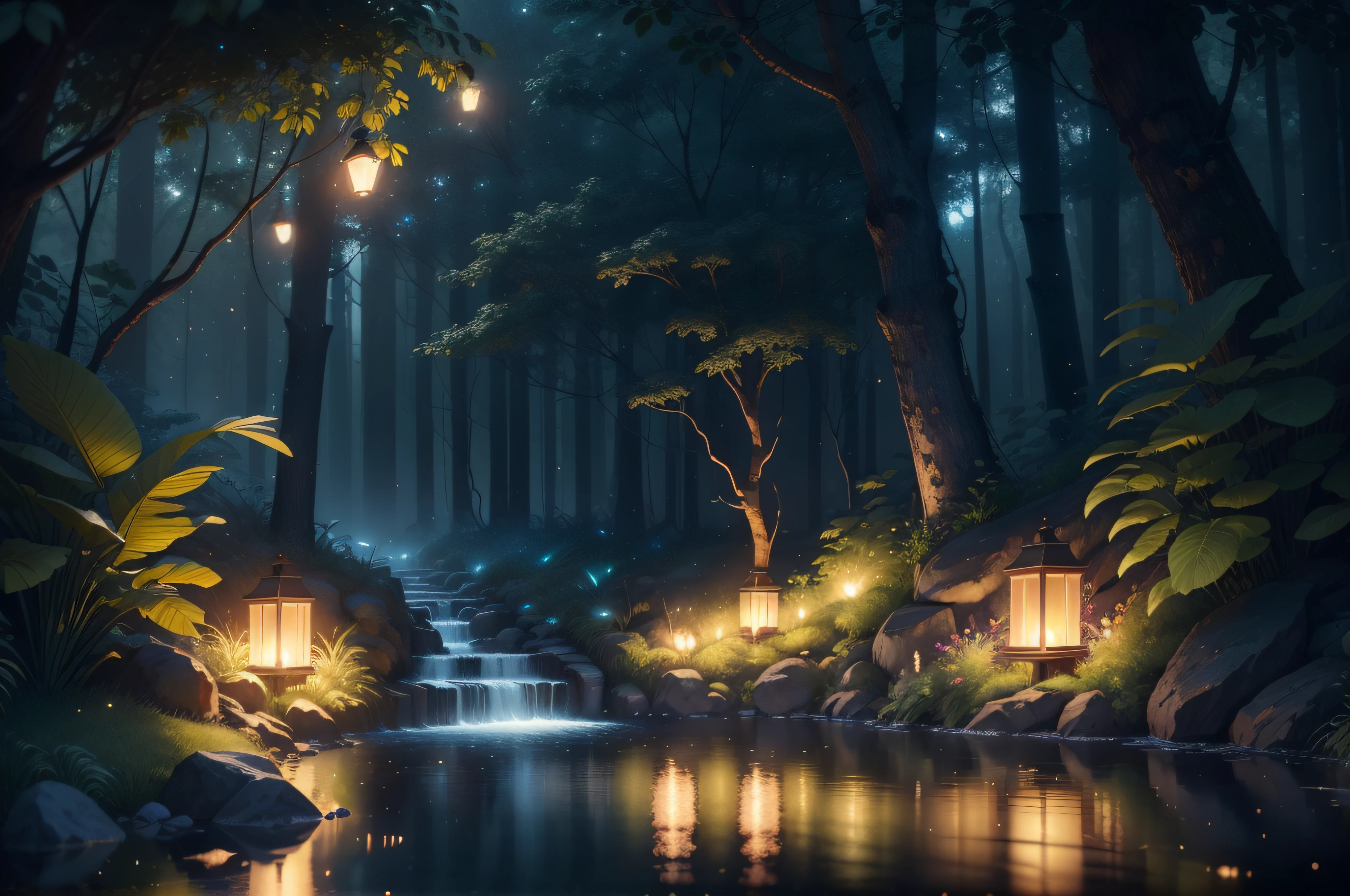 Masterpiece, best quality, (very detailed CG unity 8k wallpaper), (best quality), (best illustration), (best shadows), glow sprite, with a glowing tiger, in the swimming pool Drinking water, natural elements in the forest theme. Mysterious forest, beautiful forest, nature, surrounded by flowers, delicate leaves and branches surrounded by fireflies (natural elements), (jungle theme), (leaves), (twigs), (fireflies), (particle effects) etc. 3D , Octane rendering, ray tracing, super detailed