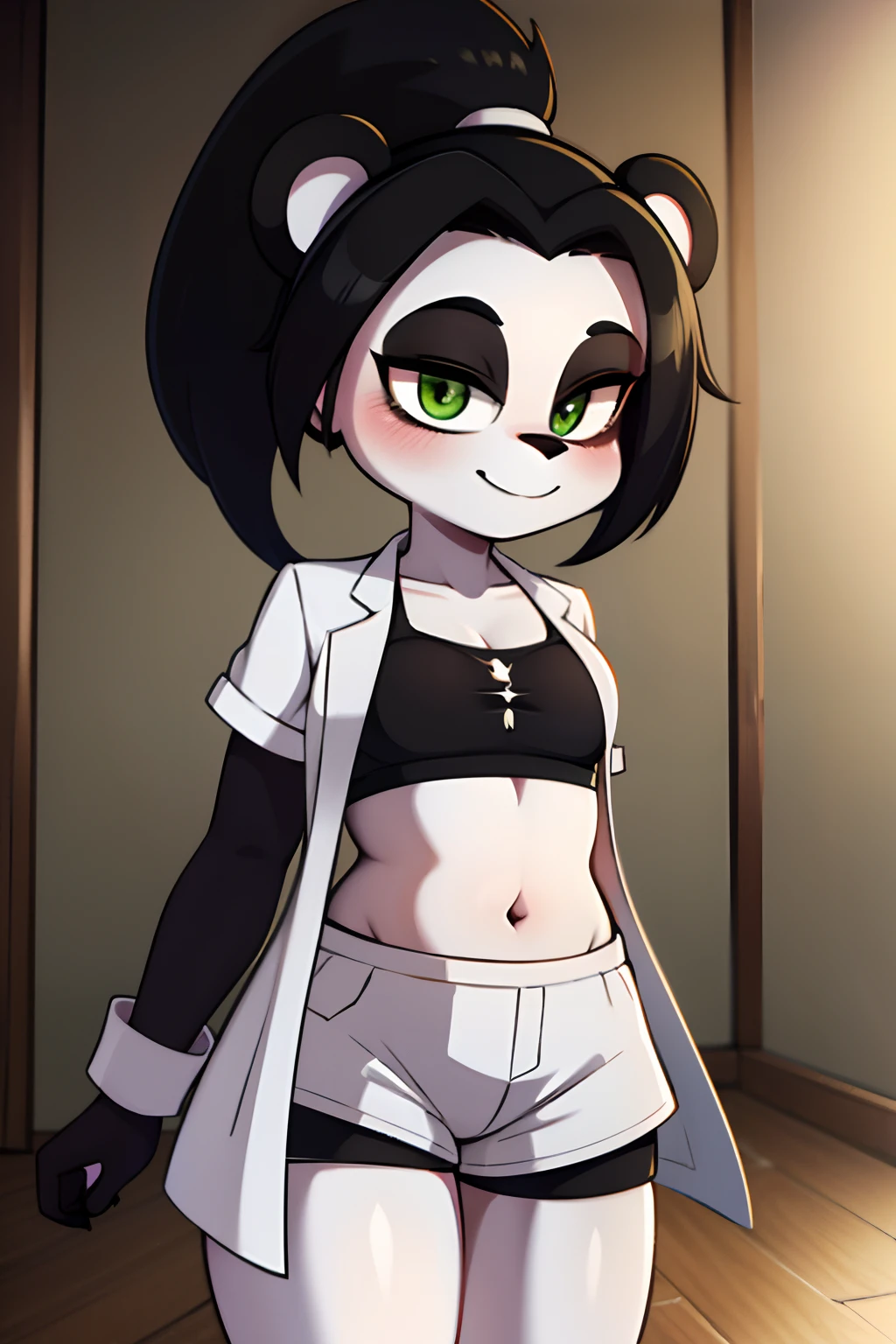 (LiLiStormstout:0.8), green eyes, black and white fur, anthro panda girl, pinup, bikini, happy, smile, (lab coat, short shorts, crop top, midriff:1.3)