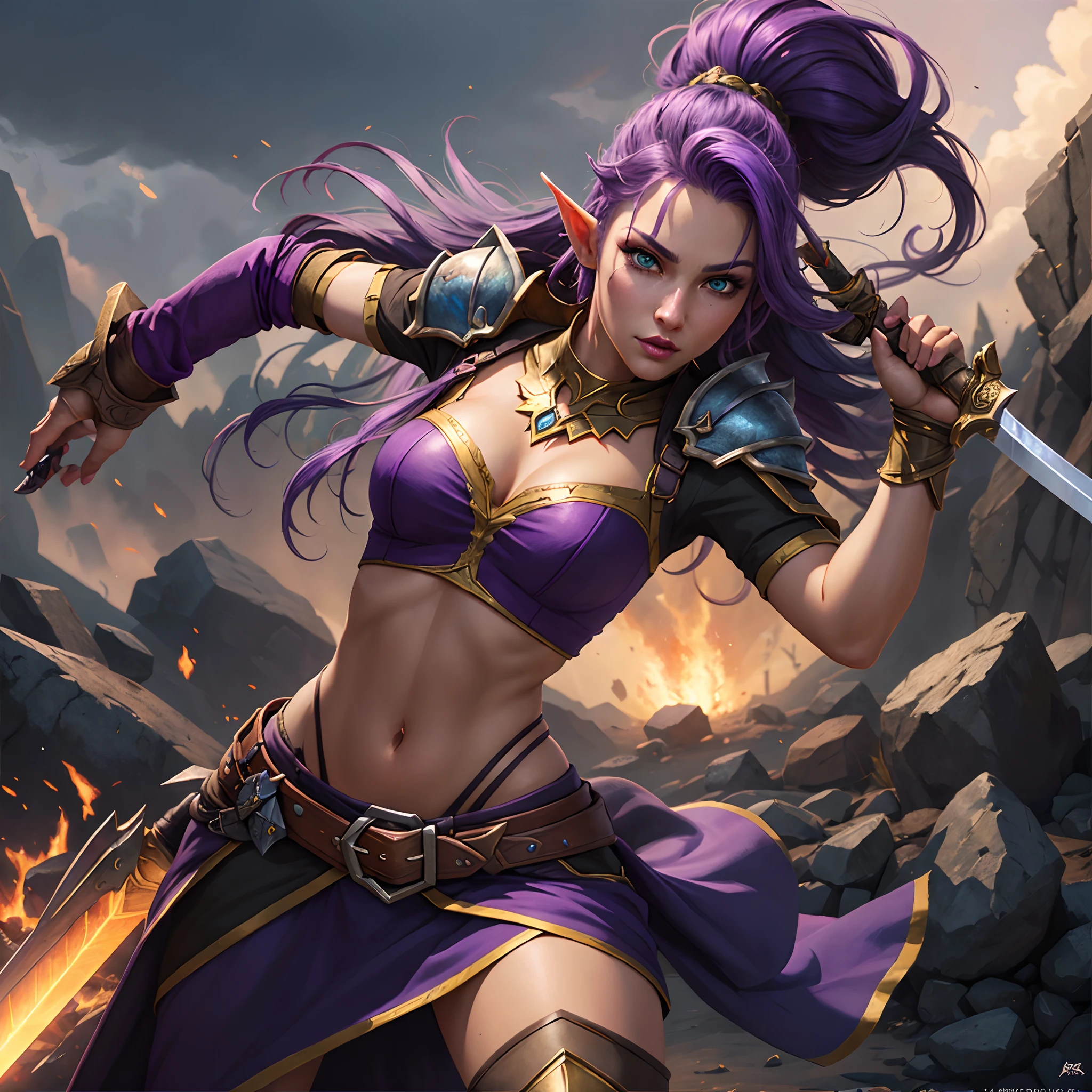 a close up of a female elf with purple hair holding a sword, elf warrior, world of warcraft, digital 2d fantasy art, epic fantasy digital art style.