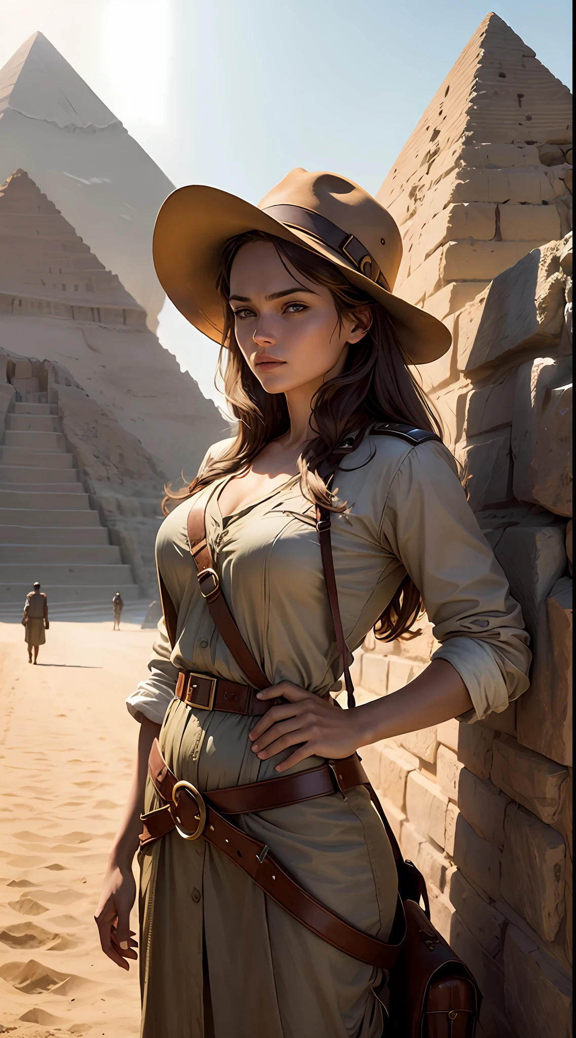 Female Leonardo DiCaprio as Indiana Jones,Archaeological explorer uniform,Hat,whip,in egypt,pyramid,movie set,Realistic, Beautuful Women