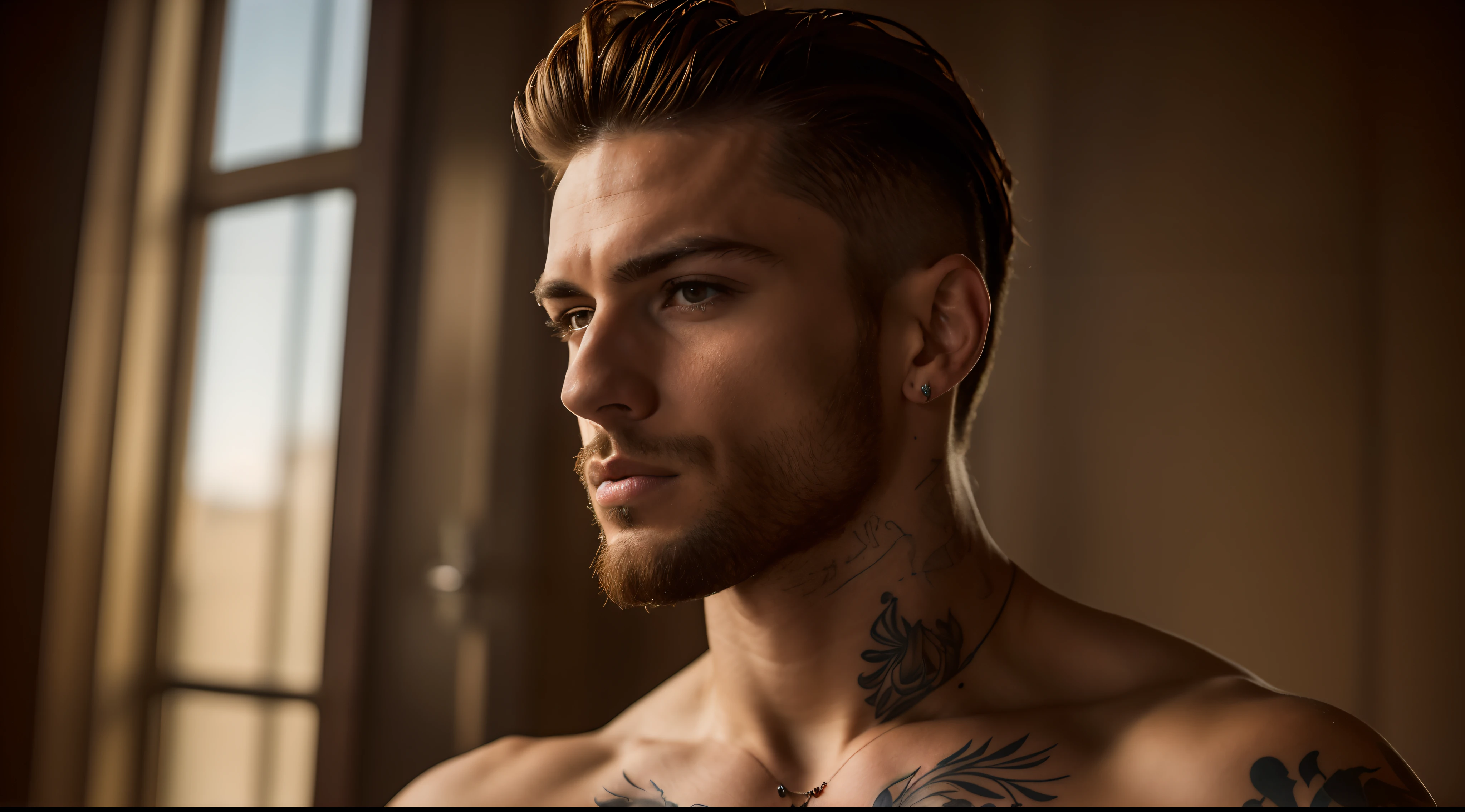 arafed man with tattoos on his chest and chest looking out a window, strong masculine features, young man with beautiful face, chiseled jawline, well-groomed model, masculine features, masculine jawline, slicked back hair, slicked-back hair, beautiful male face, sharp jawline with a light beard, lean man with light tan skin