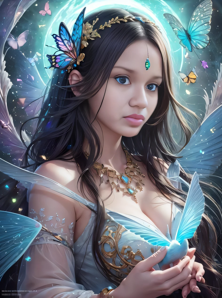 a woman with blue eyes and a butterfly in her hand, bela arte de fantasia, arte de fantasia muito bonita, arte de fantasia detalhada, amazing fantasy art, retrato bonito da arte da fantasia, Retrato da fada, estilo de arte de fantasia, arte digital de fantasia detalhada, fada bonita, arte de fantasia digital ), Retrato de uma fada, breathtaking fantasy art, arte de fantasia altamente detalhada, arte de fantasia realista