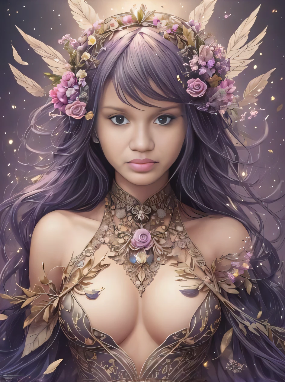 a woman with purple hair and a wreath on her head, arte de fantasia detalhada, bela arte de fantasia, amazing fantasy art, retrato de fantasia fosco detalhado, retrato bonito da arte da fantasia, retrato bonito da fantasia, arte de fantasia muito bonita, arte digital de fantasia detalhada, arte do retrato da fantasia, retrato da arte da fantasia, retrato da fantasia, elfo bonito com pele violeta, mulher da fantasia, arte de fantasia altamente detalhada