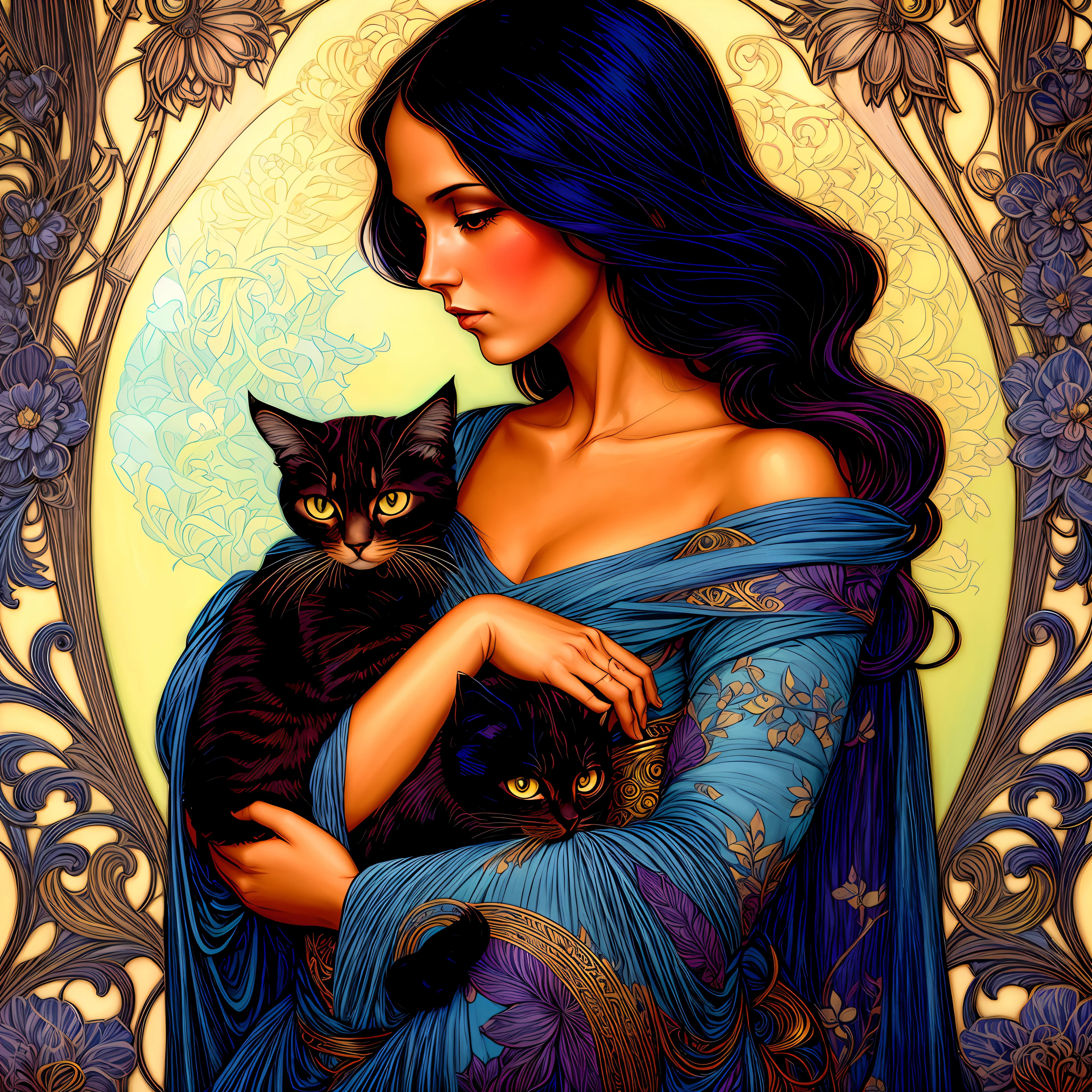 painting of a woman holding a cat in her arms, by Jeremiah Ketner, woman and cat, luthien, mucha style 4k, jen bartel, by Pablo Munoz Gomez, in an art nouveau style, inspired by Jeremiah Ketner, anna dittman, in the art style of bowater, nouveau painting, by tom bagshaw and boris vallejo