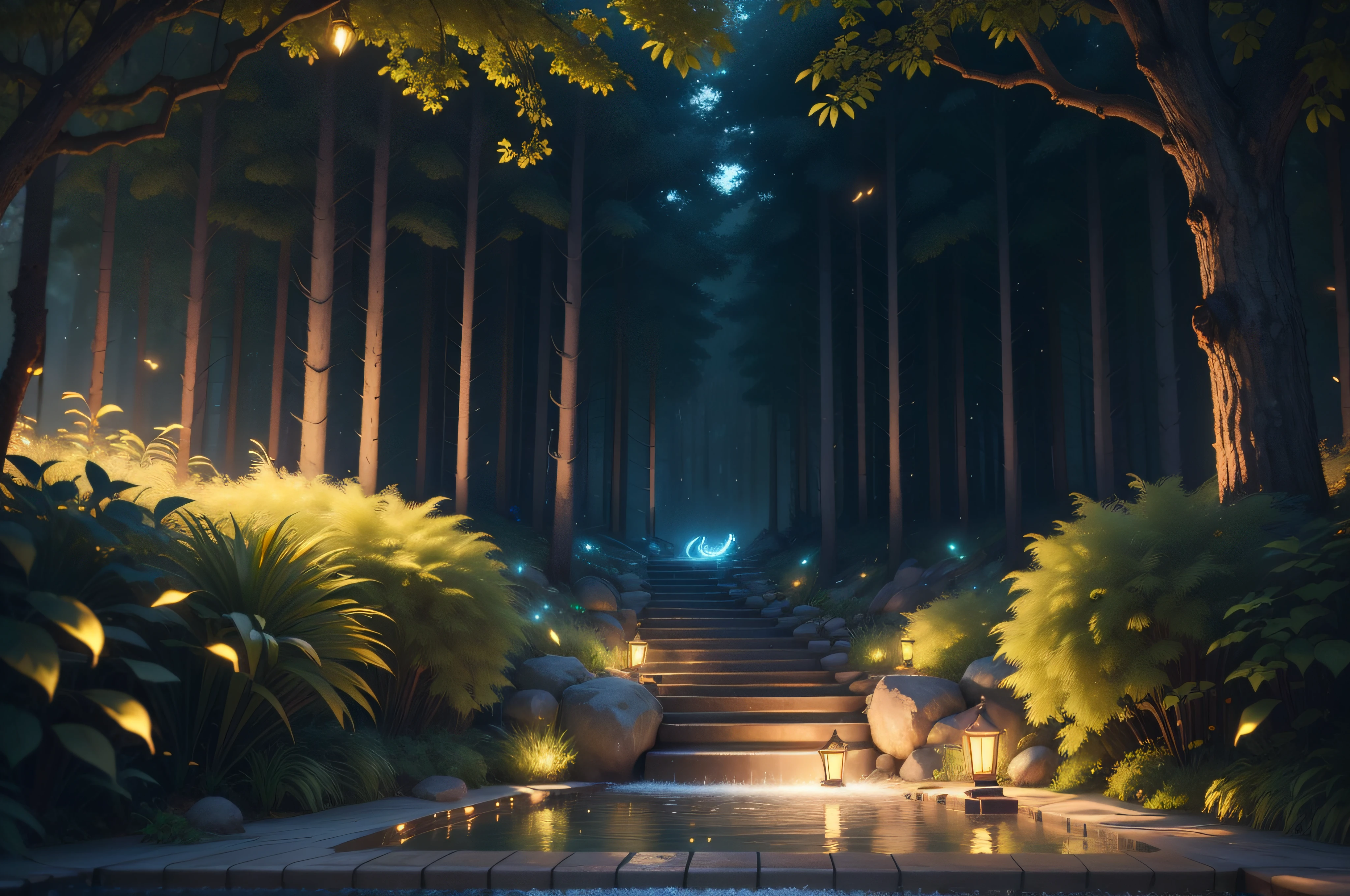 Masterpiece, best quality, (very detailed CG unity 8k wallpaper), (best quality), (best illustration), (best shadows), glow sprite, with a glowing tiger, in the swimming pool Drinking water, natural elements in the forest theme. Mysterious forest, beautiful forest, nature, surrounded by flowers, delicate leaves and branches surrounded by fireflies (natural elements), (jungle theme), (leaves), (twigs), (fireflies), (particle effects) etc. 3D , Octane rendering, ray tracing, super detailed
