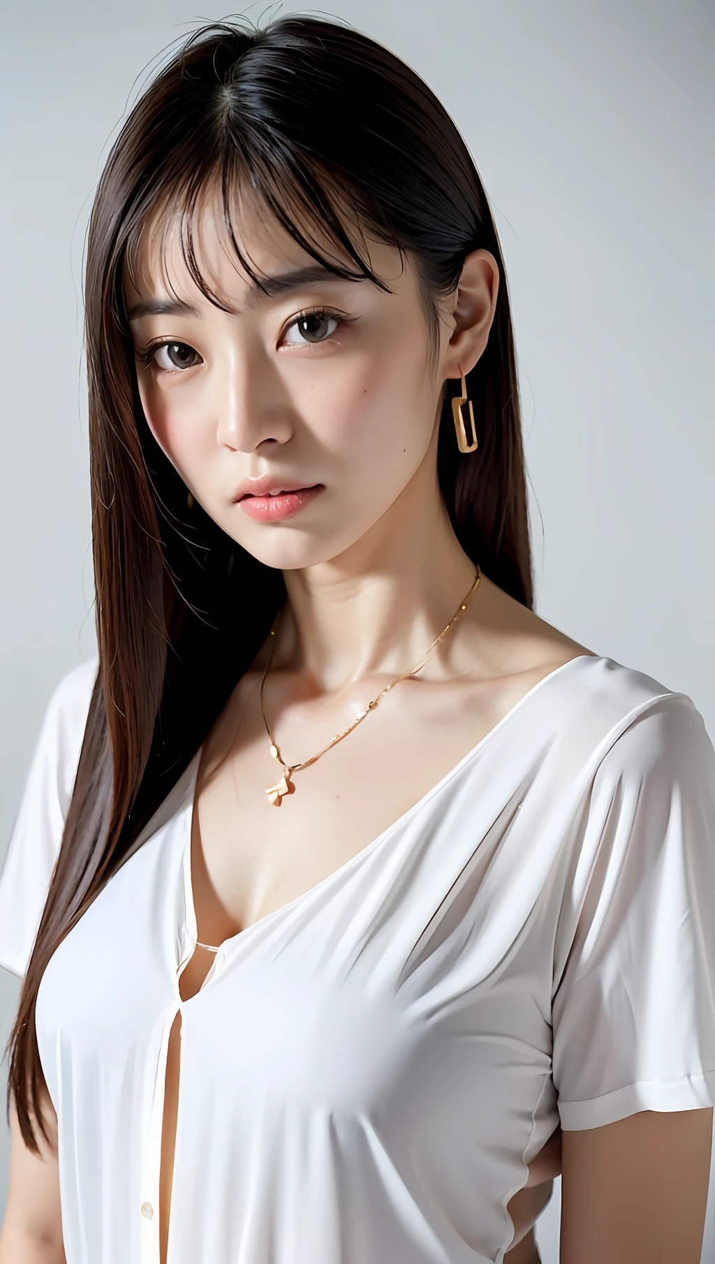 (top-quality、8k、32k、masterpiece、UHD:1.2)、Photo of a cute Japanese woman、large full breasts、The upper part of the body、sface focus、a necklace、simple background、From above、looking at the viewers、Y shirt