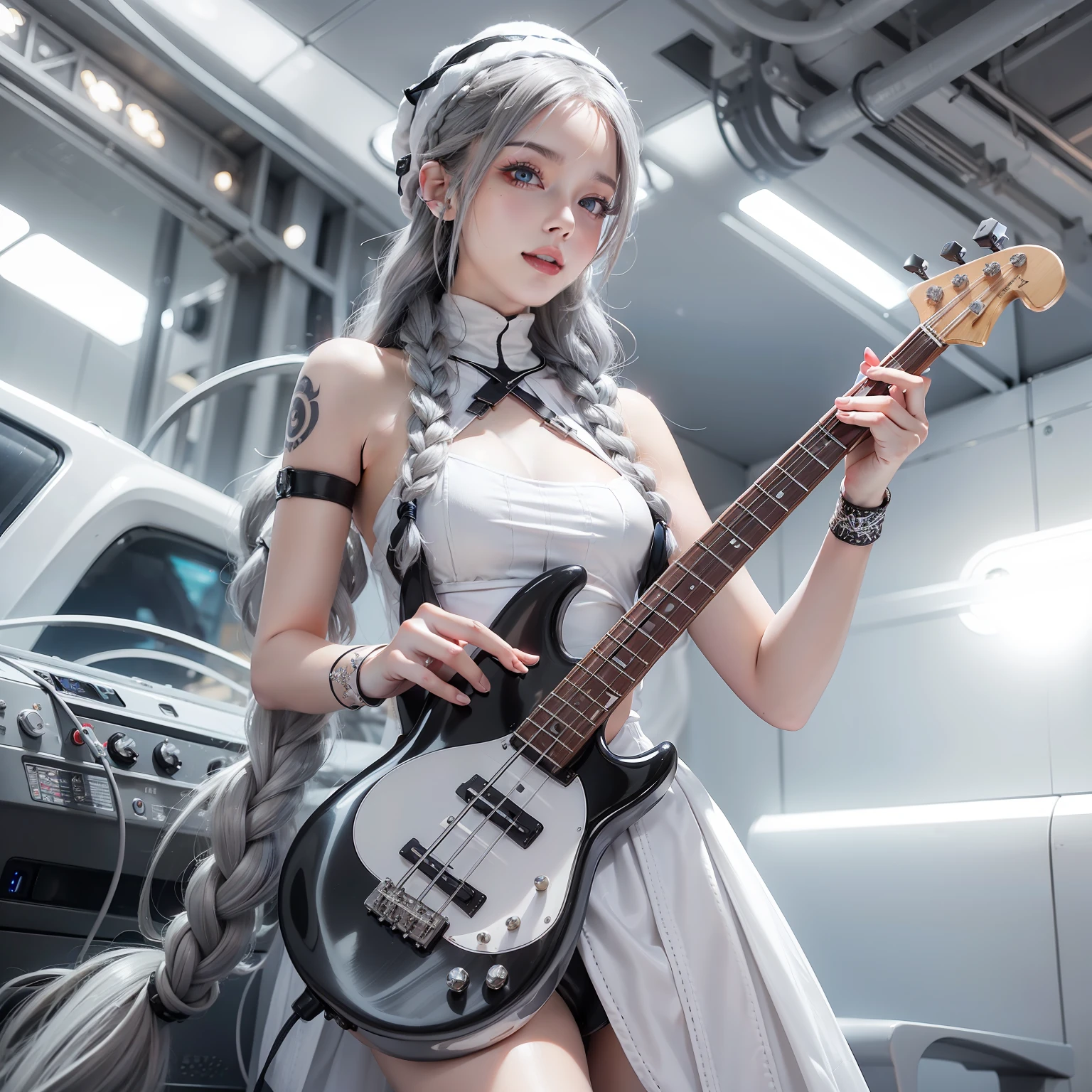 Seductive woman happy to raise her hand　Perfect beauty　Beautiful white skin　beautidful eyes　Look at viewers　Lustrous lips　Lovely smile　gray hair in braids　Knitted hats　tattoo on body　Have an electric bass guitar　is standing　Futuristic Lolita costume designed in black and white　Functional　head phone　spaceships